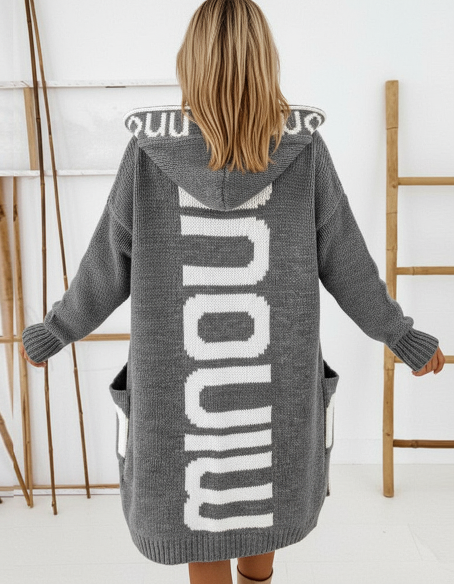 Alice Cardigan Lungo Cappuccio Maglia Lettere