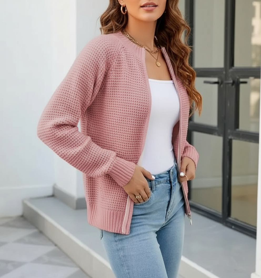 Cardigan Ryleigh in Maglia Waffle con Zip