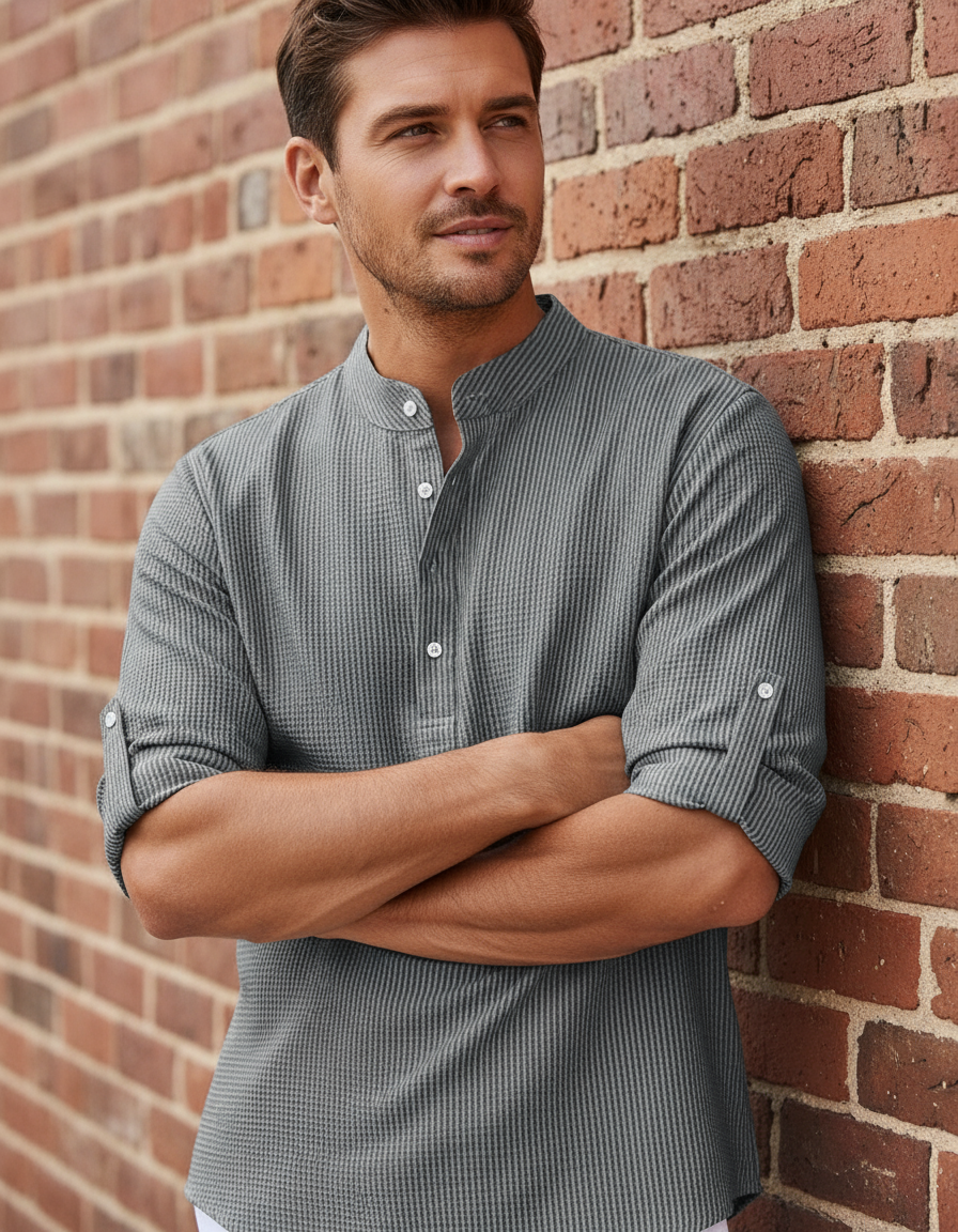 Dexter Camicia Estiva Collo Coreano in Cotone Waffle