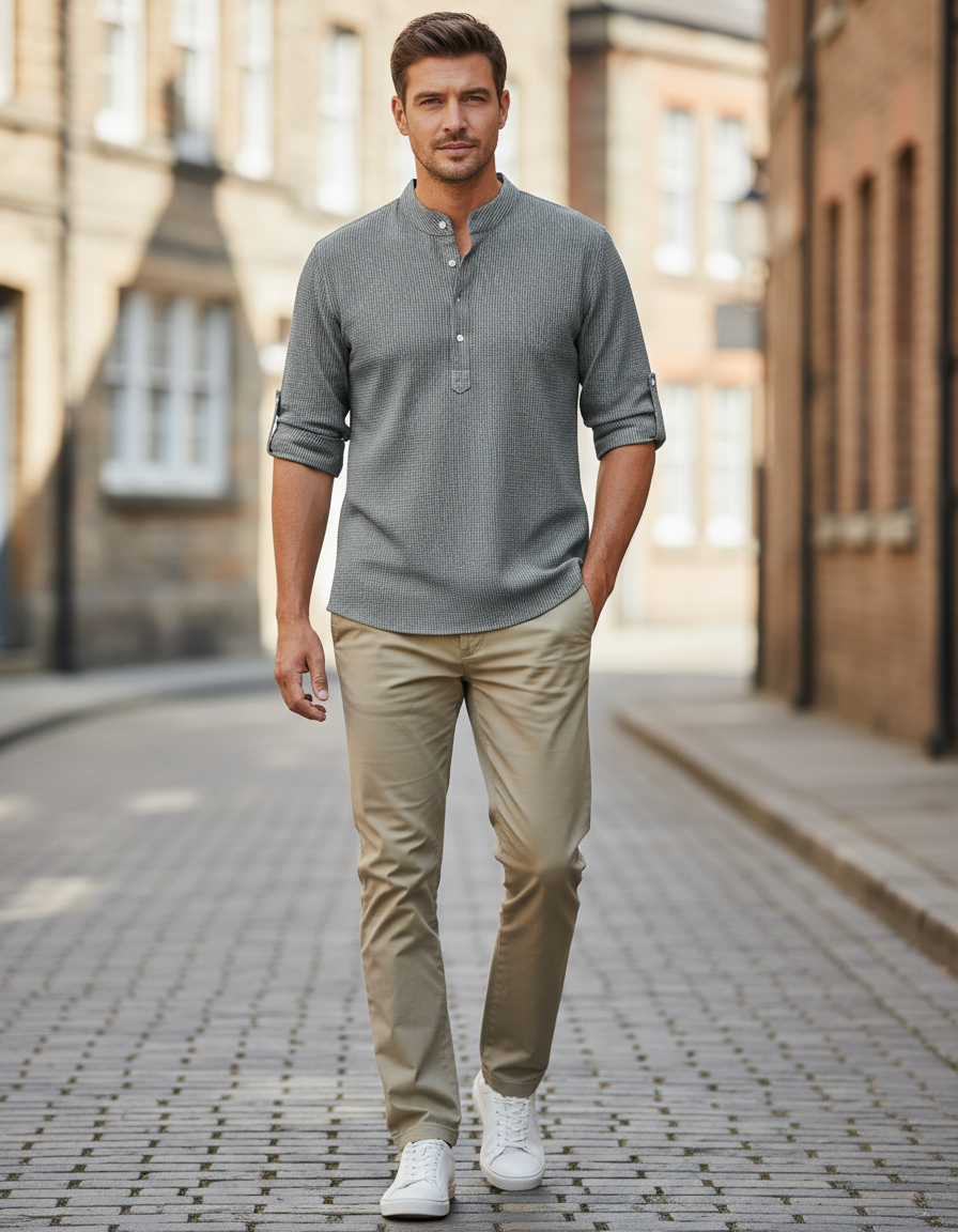 Dexter Camicia Estiva Collo Coreano in Cotone Waffle