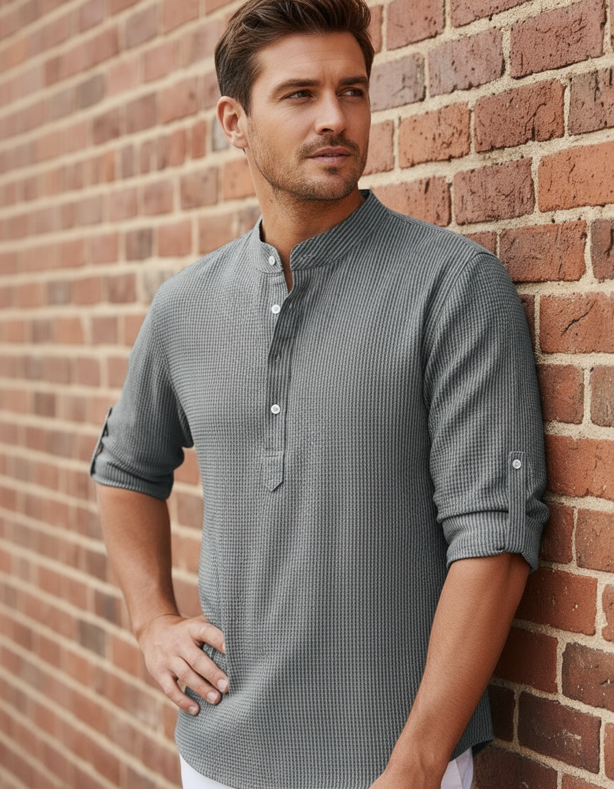 Dexter Camicia Estiva Collo Coreano in Cotone Waffle