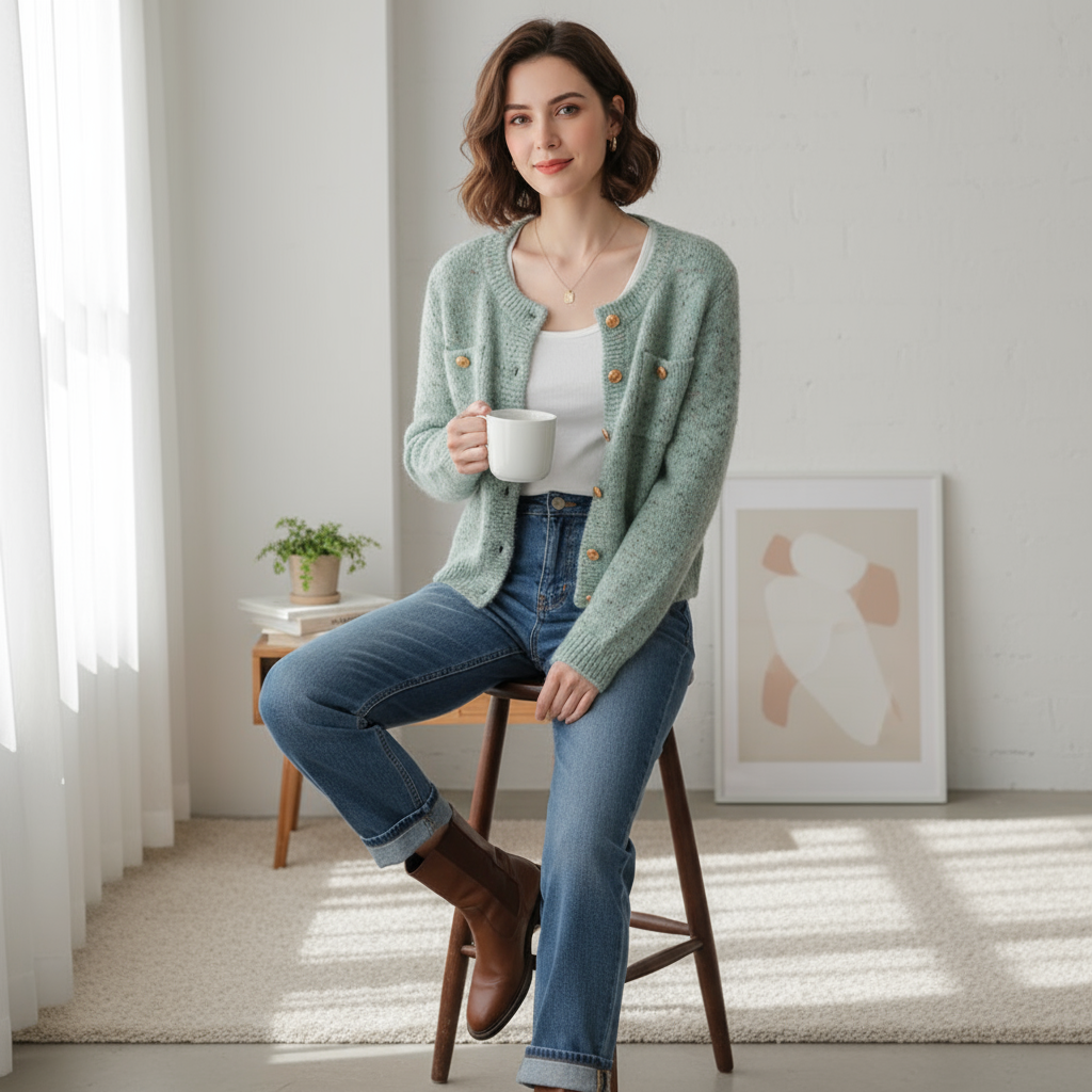 Charlene Cardigan Maglia Leggero con Bottoni Dorati