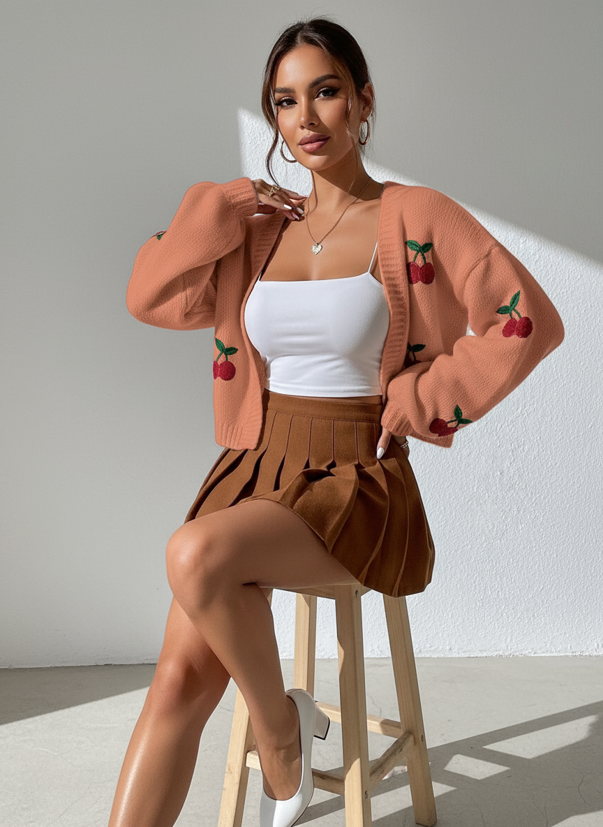 Cardigan Corto 'Fiona' con Ciliegie Ricamate