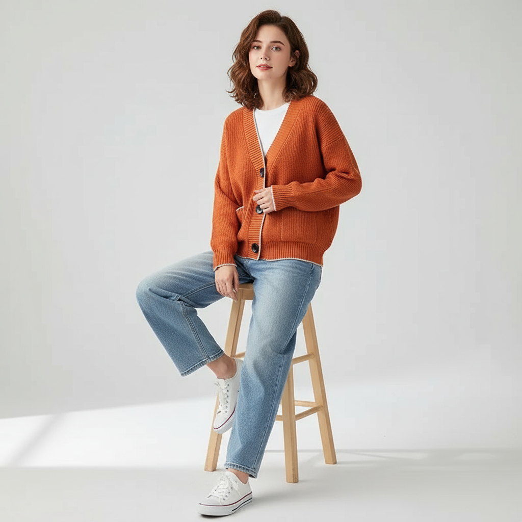 Cardigan Allana in Maglia con Bordo a Contrasto