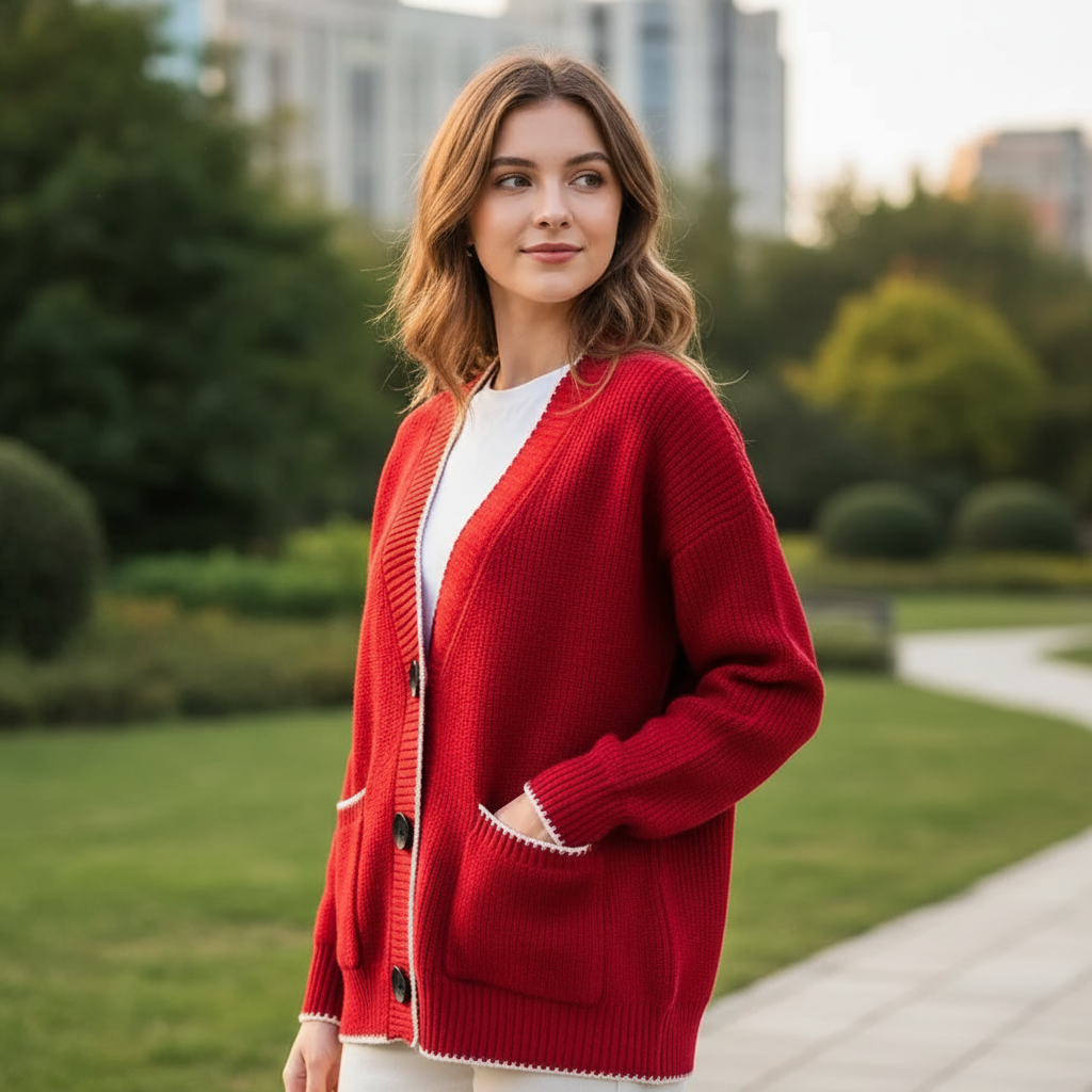 Cardigan Allana in Maglia con Bordo a Contrasto