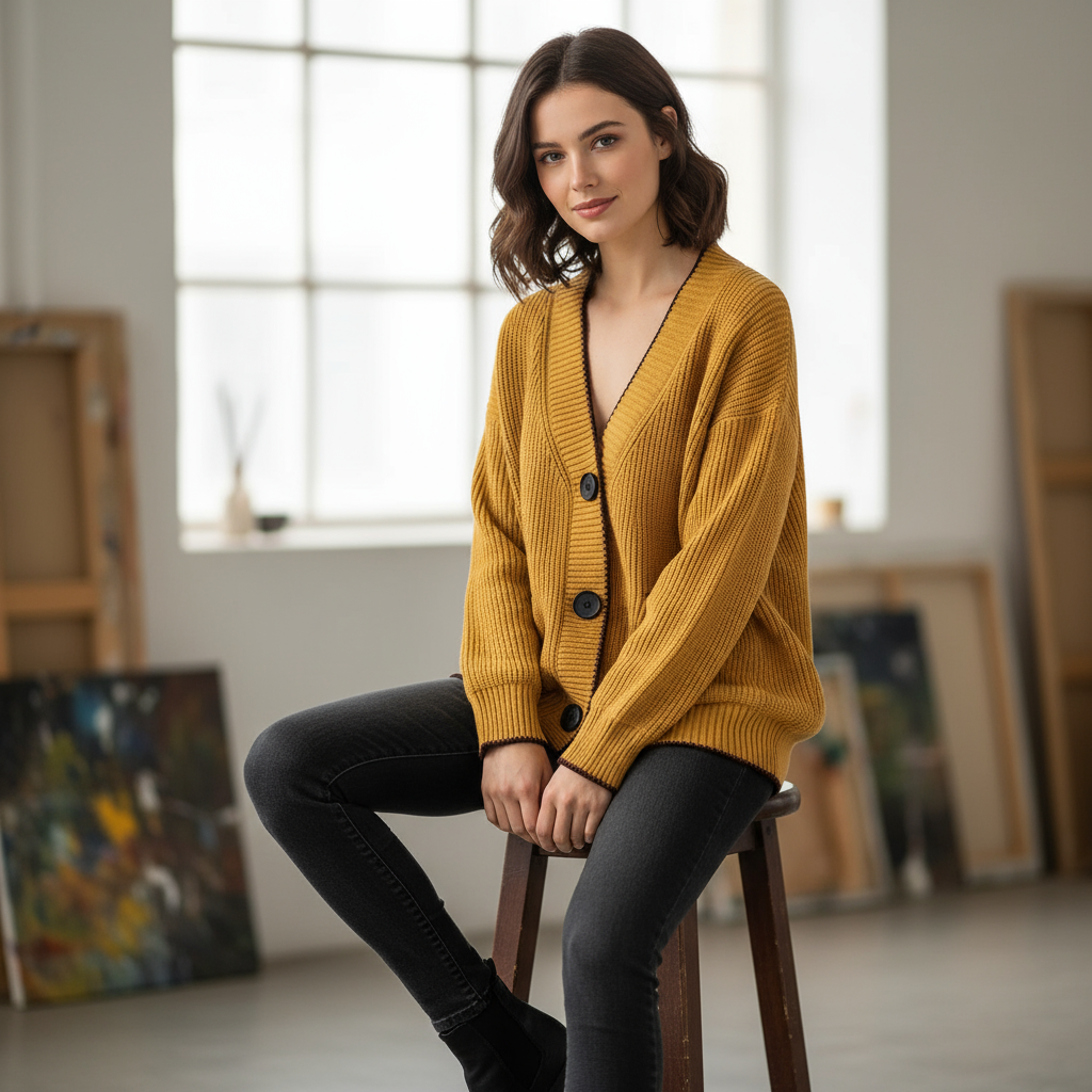 Cardigan Allana in Maglia con Bordo a Contrasto