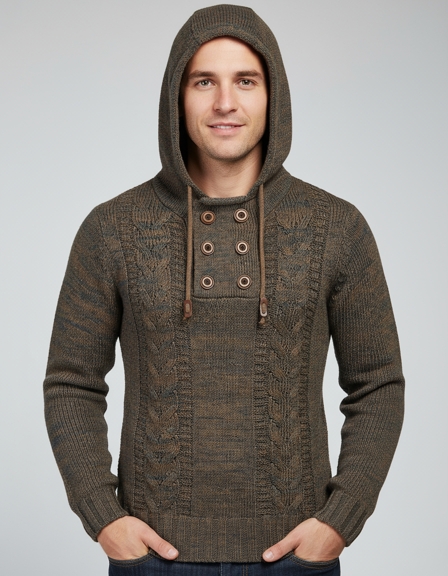 Nick Maglione con Cappuccio e Bottoni in Maglia Lavorata