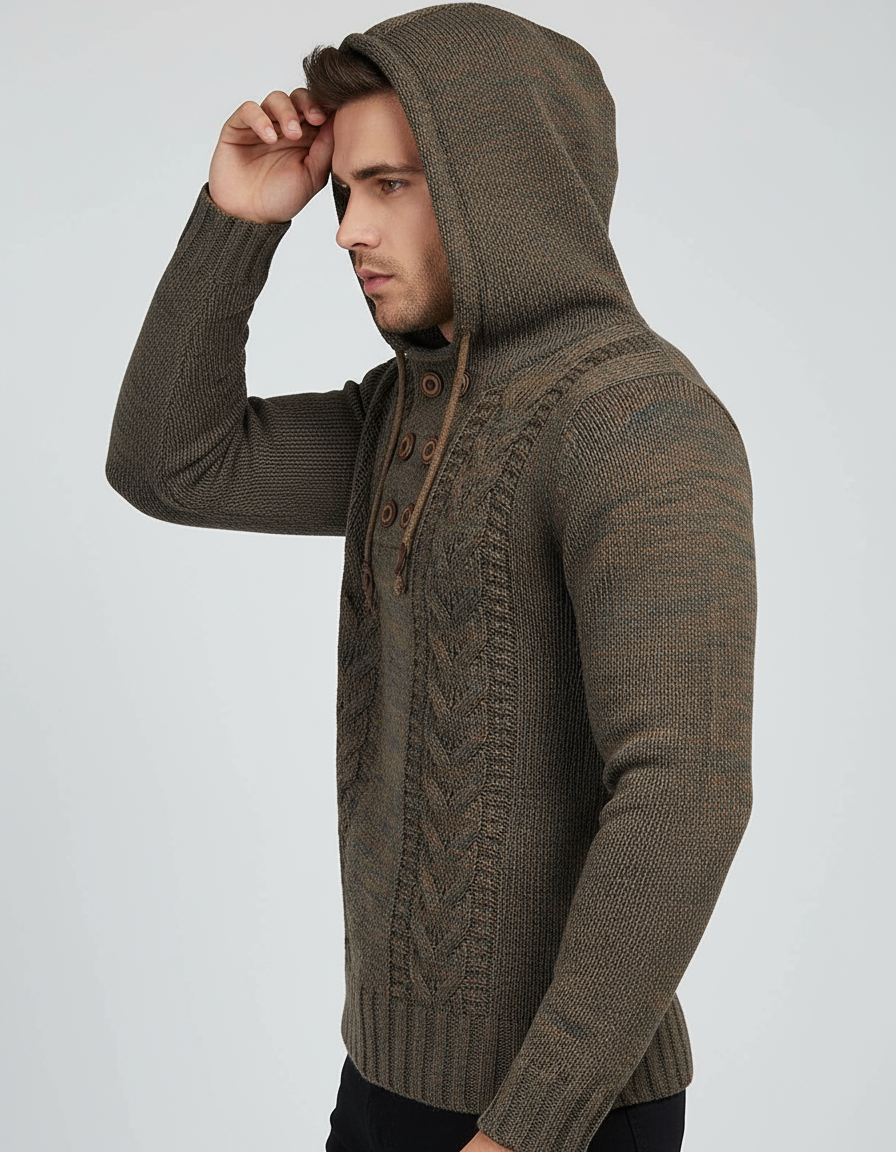 Nick Maglione con Cappuccio e Bottoni in Maglia Lavorata