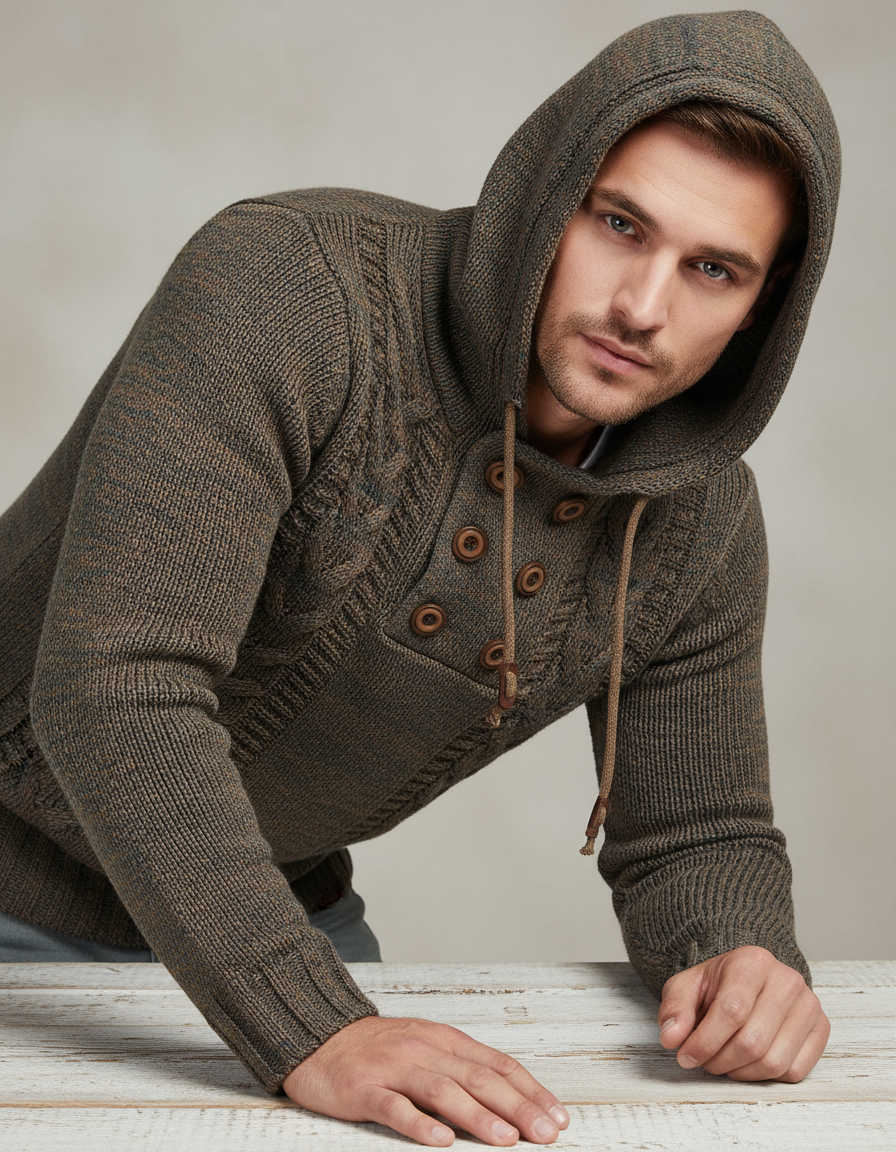 Nick Maglione con Cappuccio e Bottoni in Maglia Lavorata