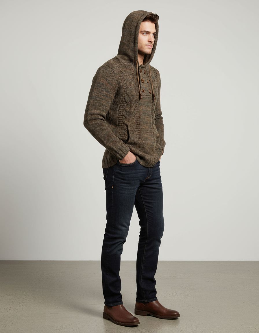 Nick Maglione con Cappuccio e Bottoni in Maglia Lavorata