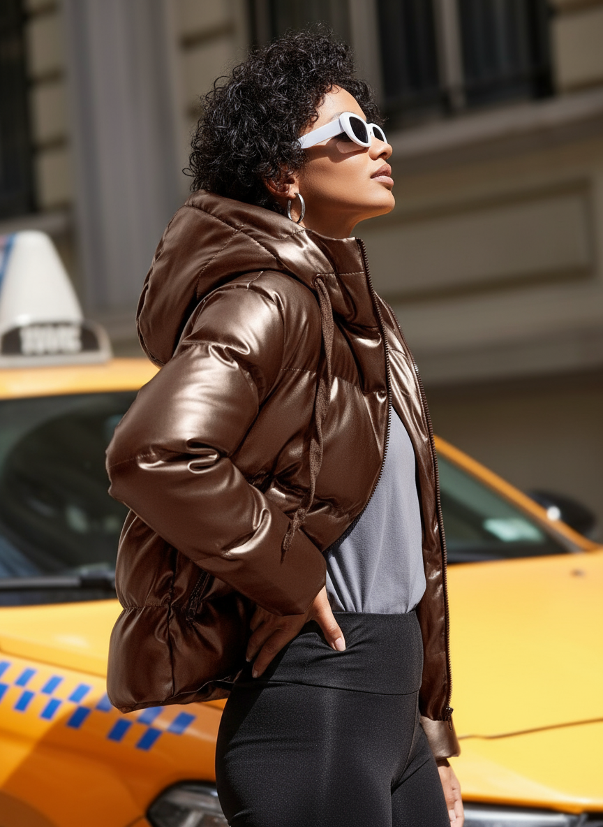 Piumino Corto con Cappuccio Isabelle - Effetto Pelle