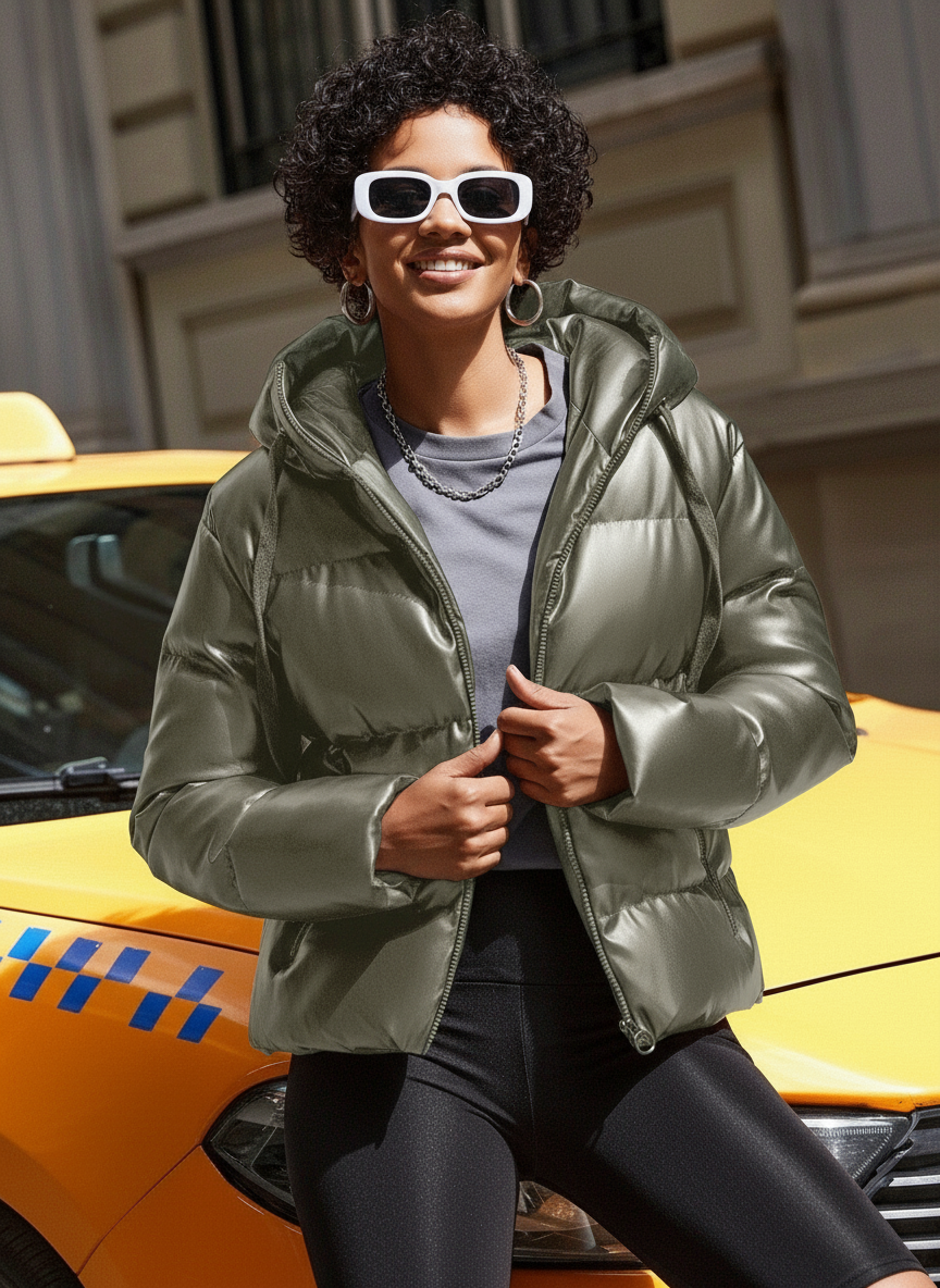 Piumino Corto con Cappuccio Isabelle - Effetto Pelle