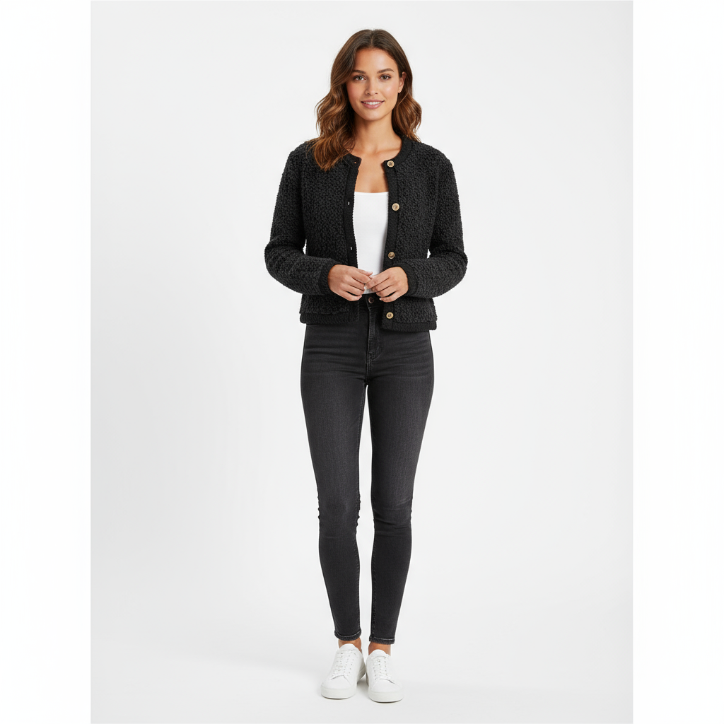 Cardigan Teddy Effetto Bouclé in Maglia Corta