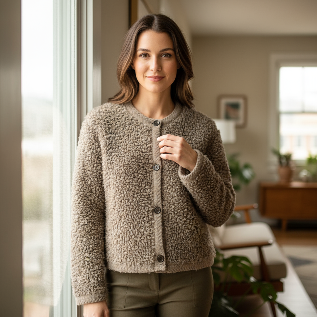 Cardigan Teddy Effetto Bouclé in Maglia Corta