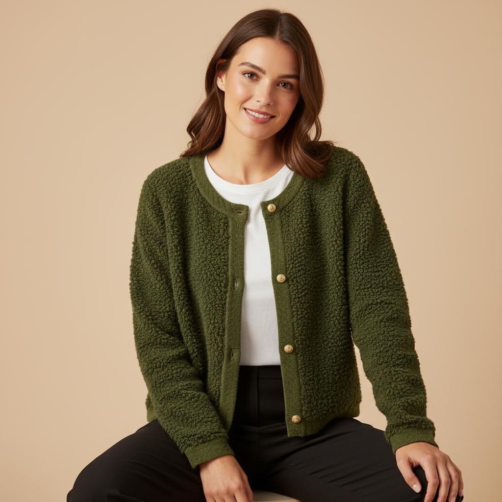 Cardigan Teddy Effetto Bouclé in Maglia Corta