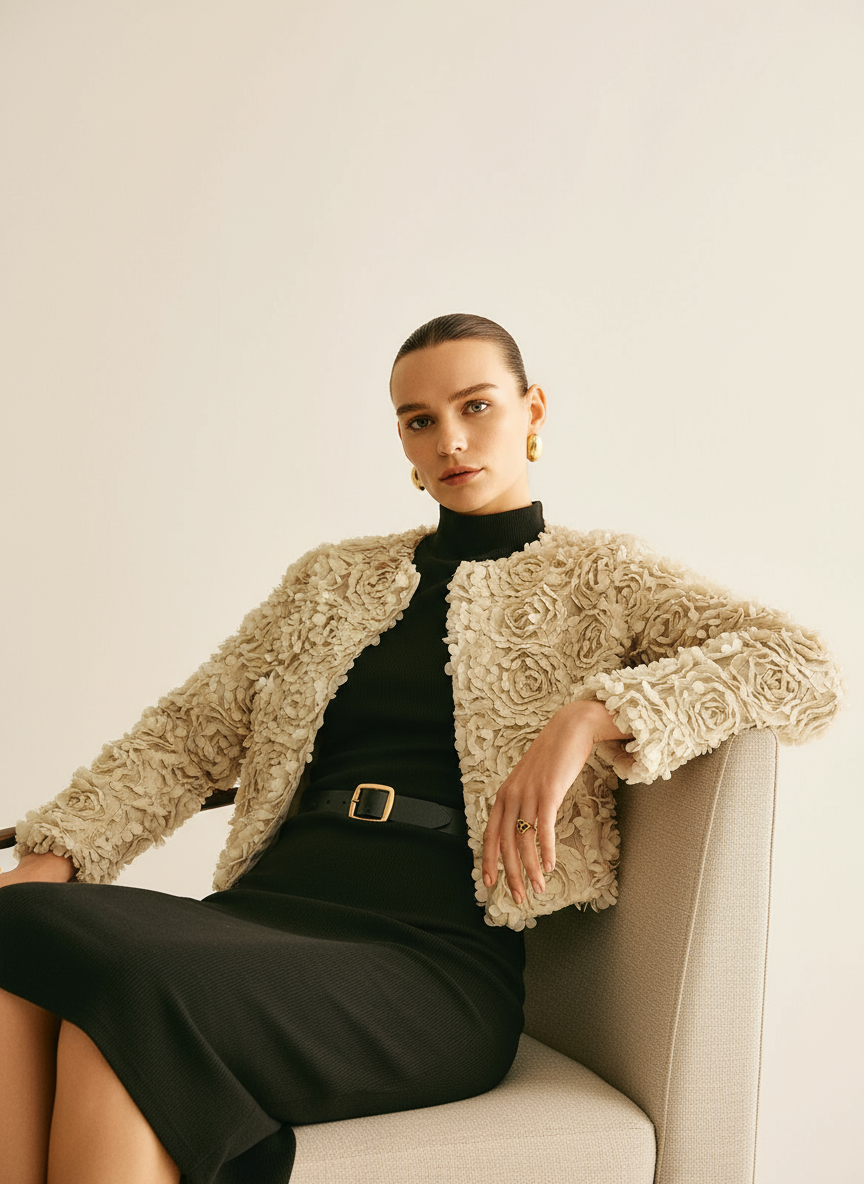 Giacca Strutturata in Raso Floreale – Eleganza Chic