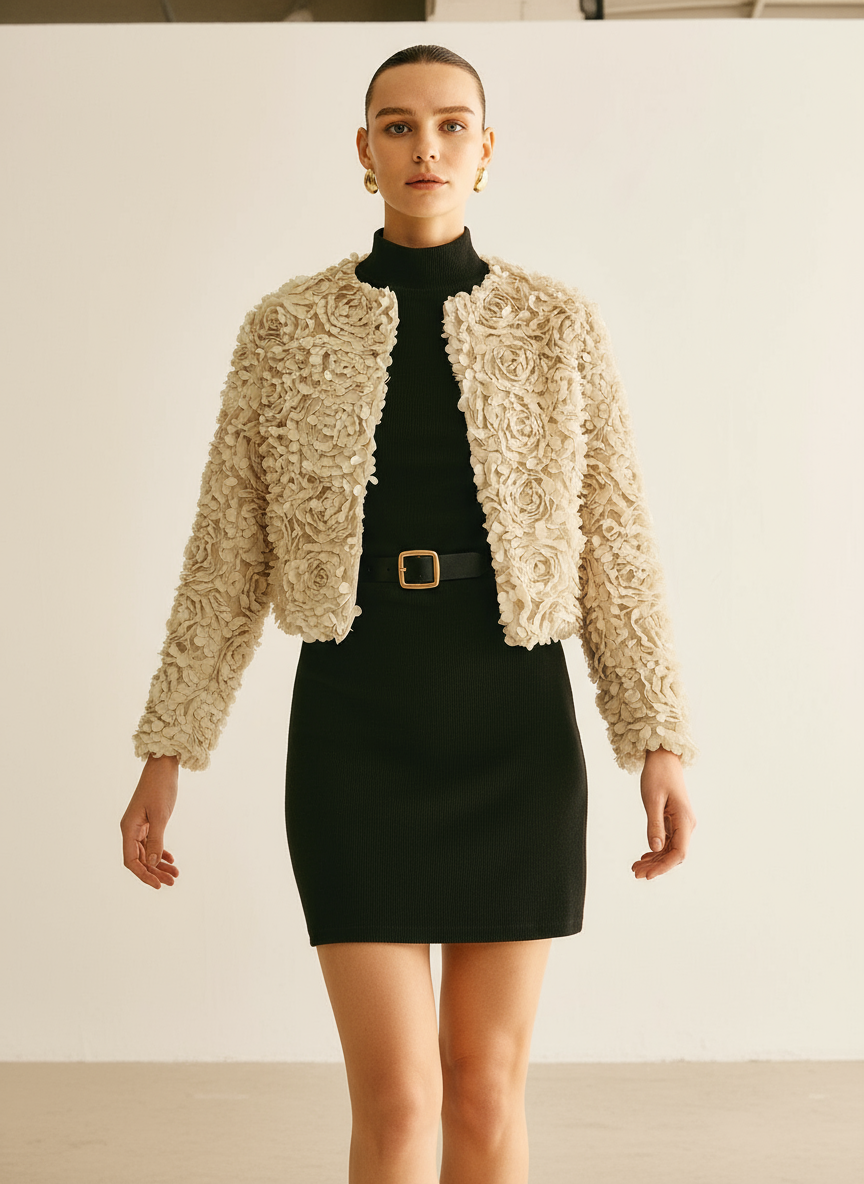 Giacca Strutturata in Raso Floreale – Eleganza Chic