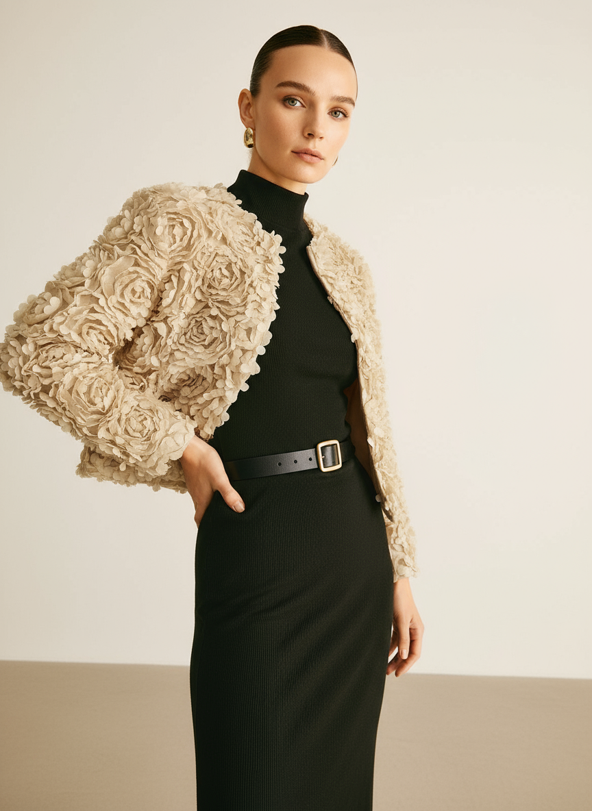 Giacca Strutturata in Raso Floreale – Eleganza Chic