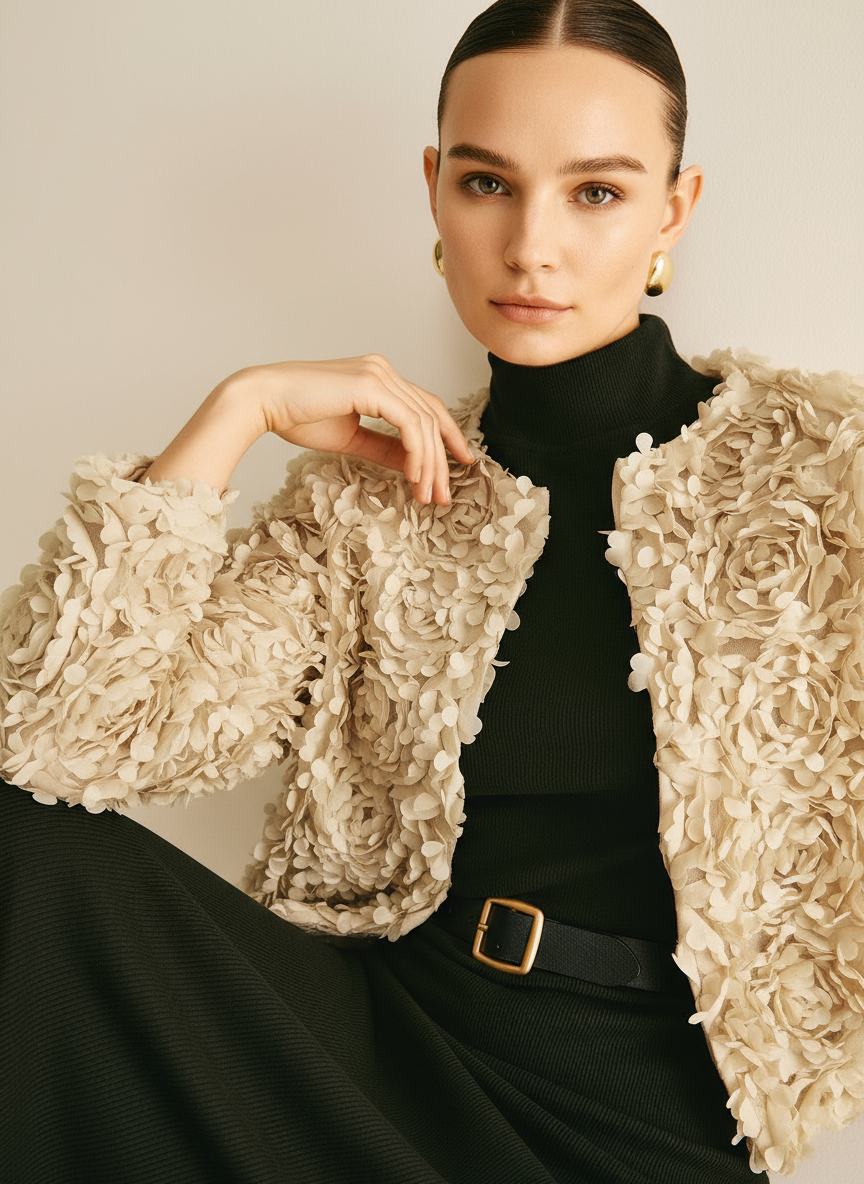 Giacca Strutturata in Raso Floreale – Eleganza Chic