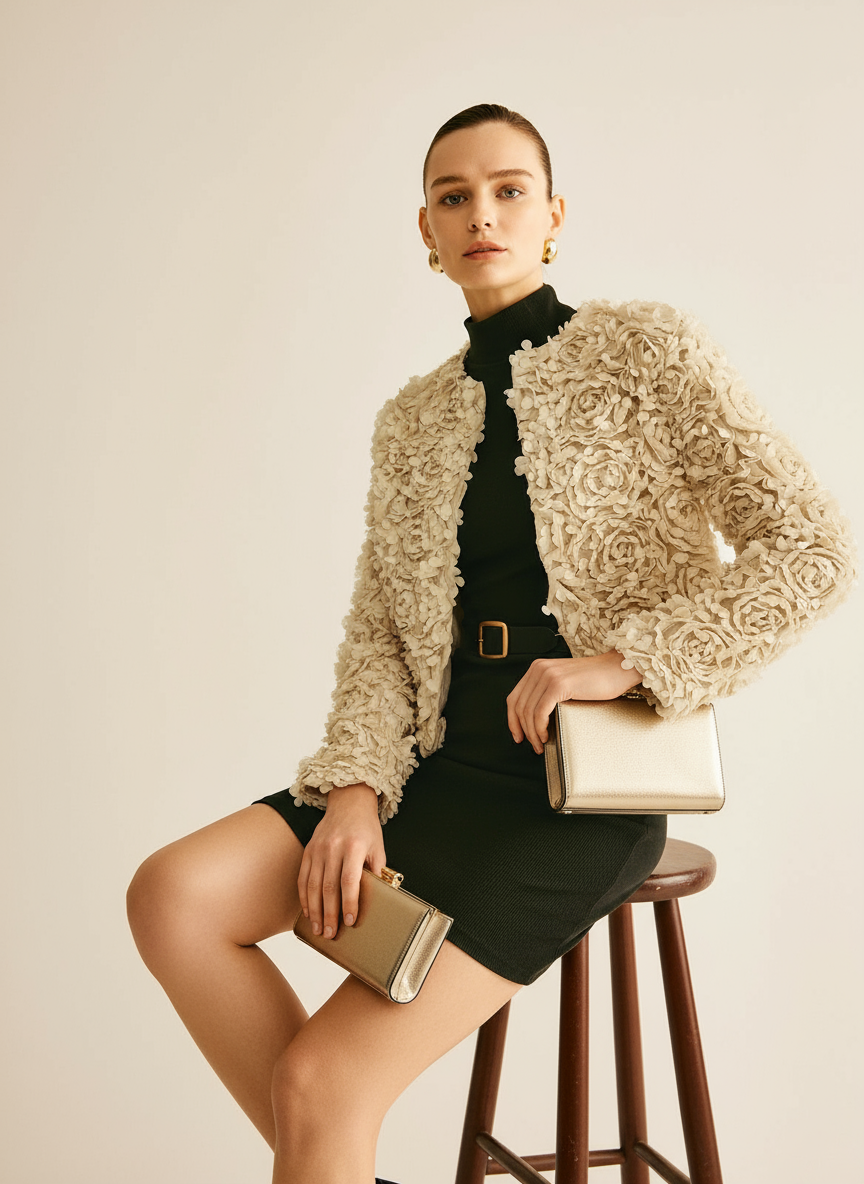 Giacca Strutturata in Raso Floreale – Eleganza Chic