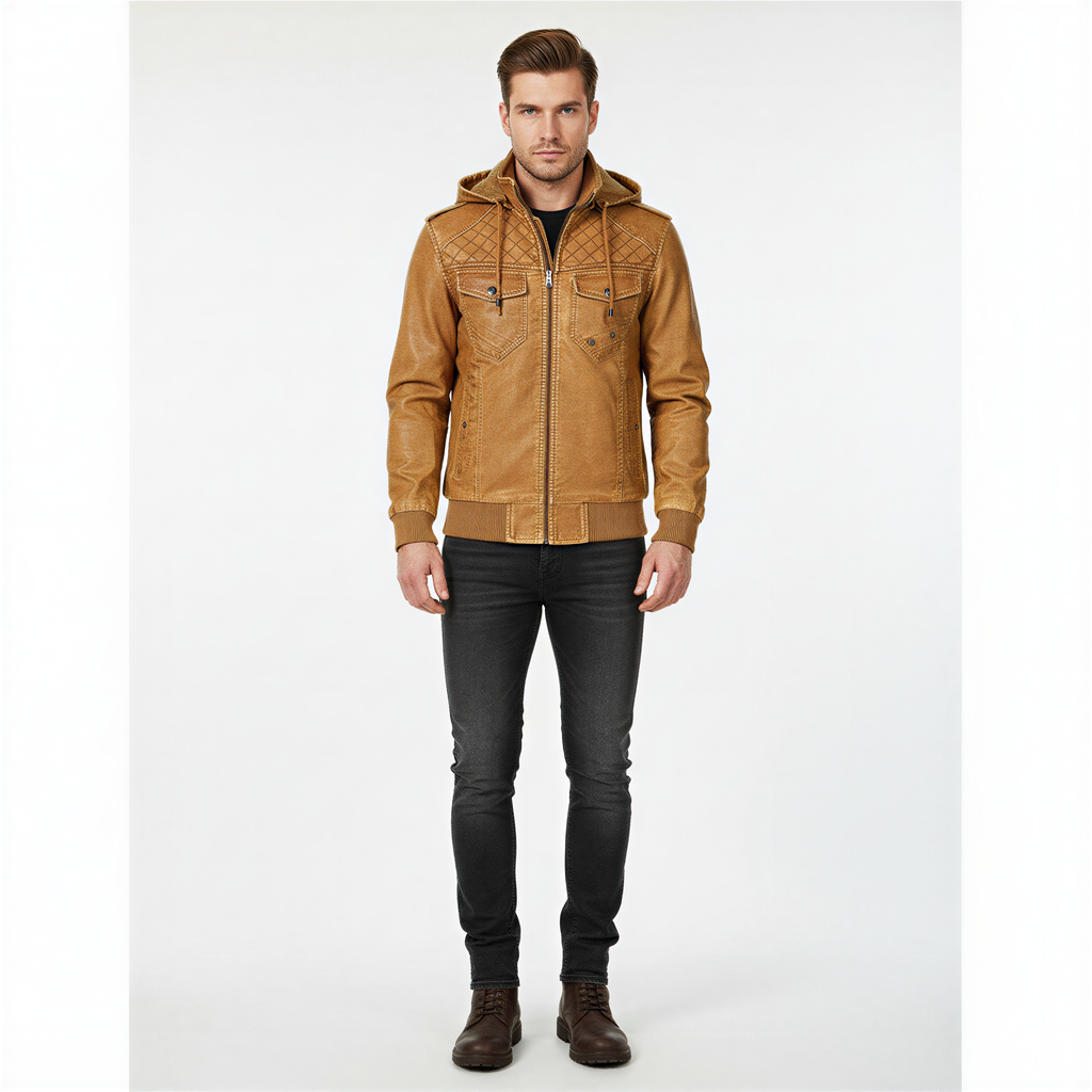 James Giacca Biker con Cappuccio | Ecopelle Invecchiata | Uomo