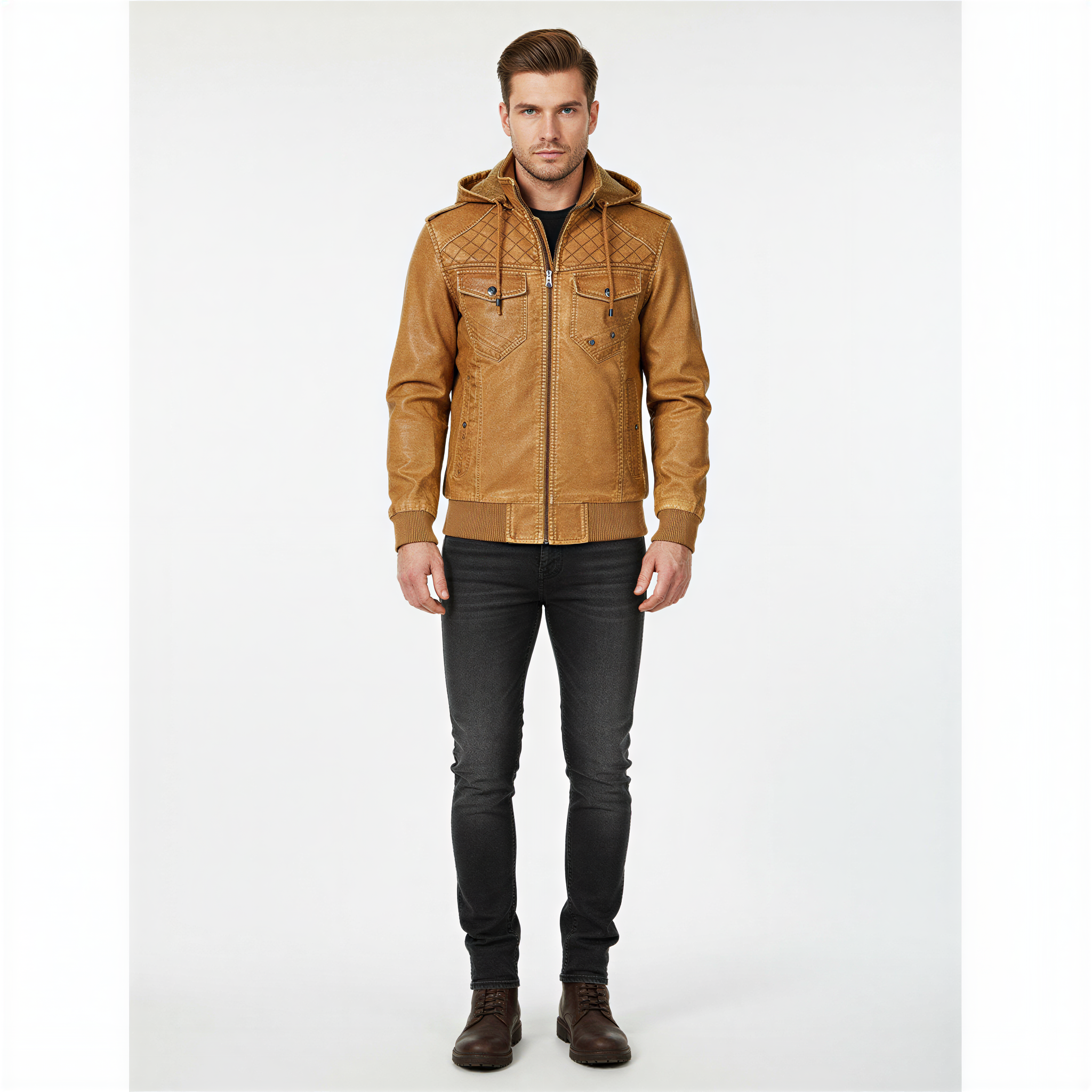 James Giacca Biker con Cappuccio | Ecopelle Invecchiata | Uomo