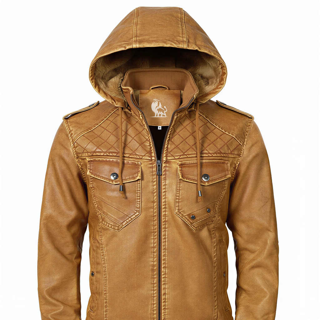 James Giacca Biker con Cappuccio | Ecopelle Invecchiata | Uomo