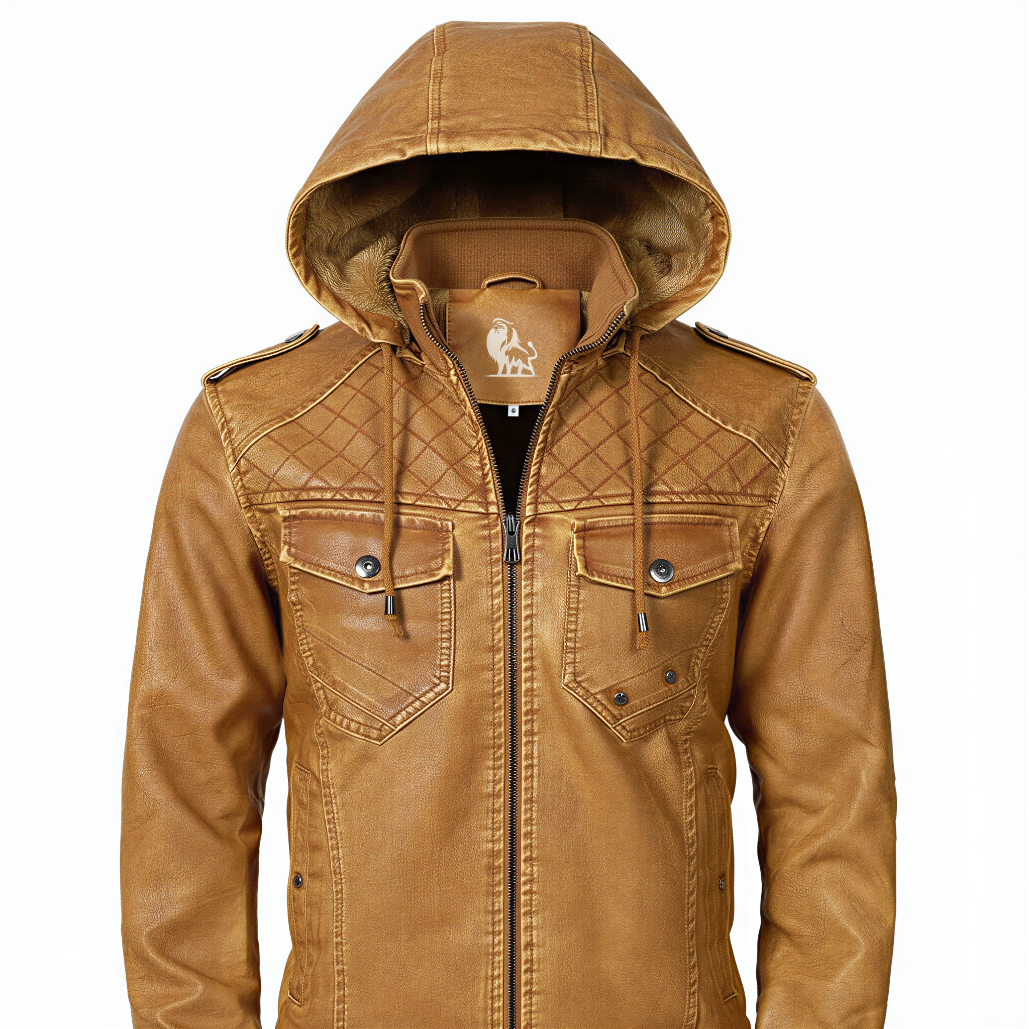 James Giacca Biker con Cappuccio | Ecopelle Invecchiata | Uomo