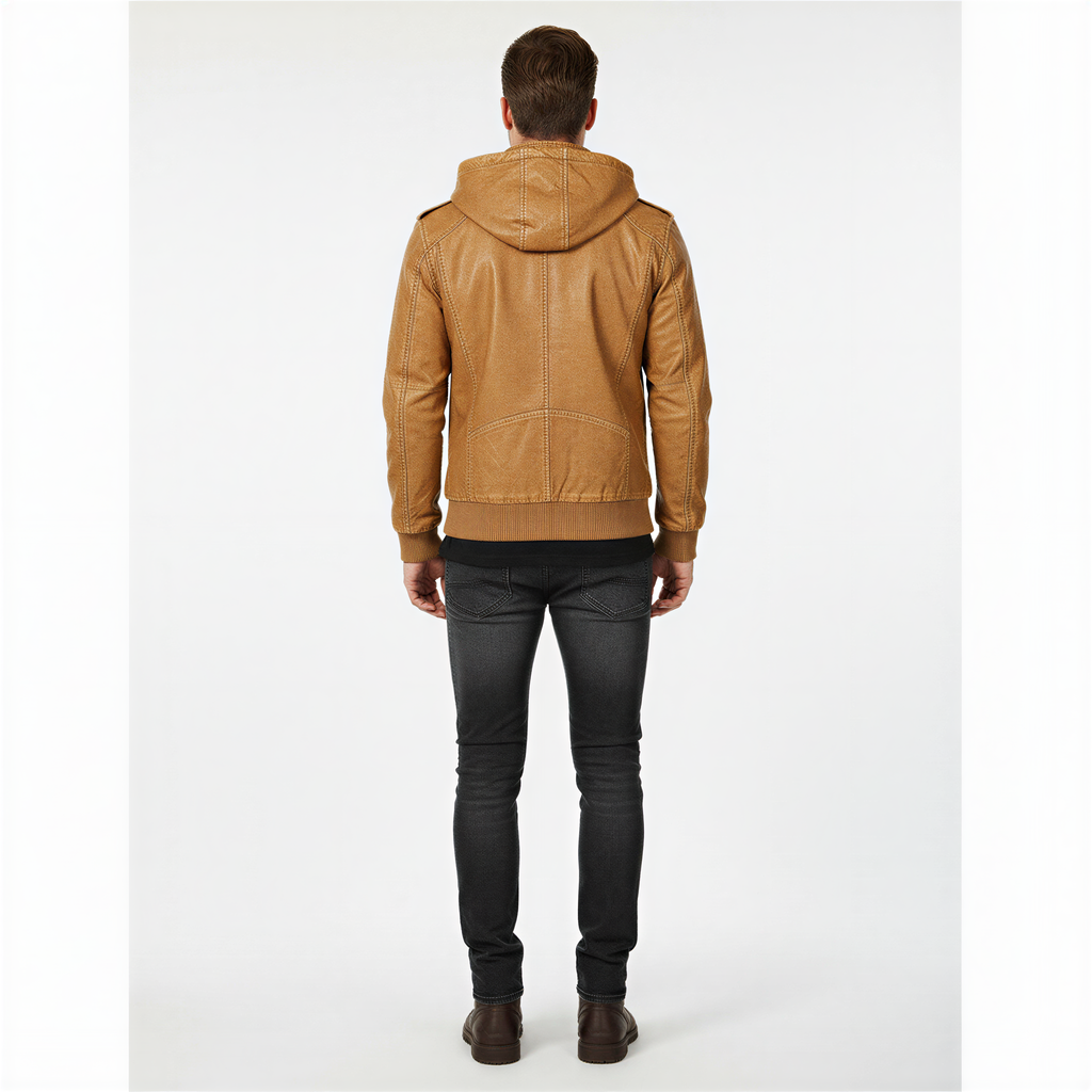 James Giacca Biker con Cappuccio | Ecopelle Invecchiata | Uomo