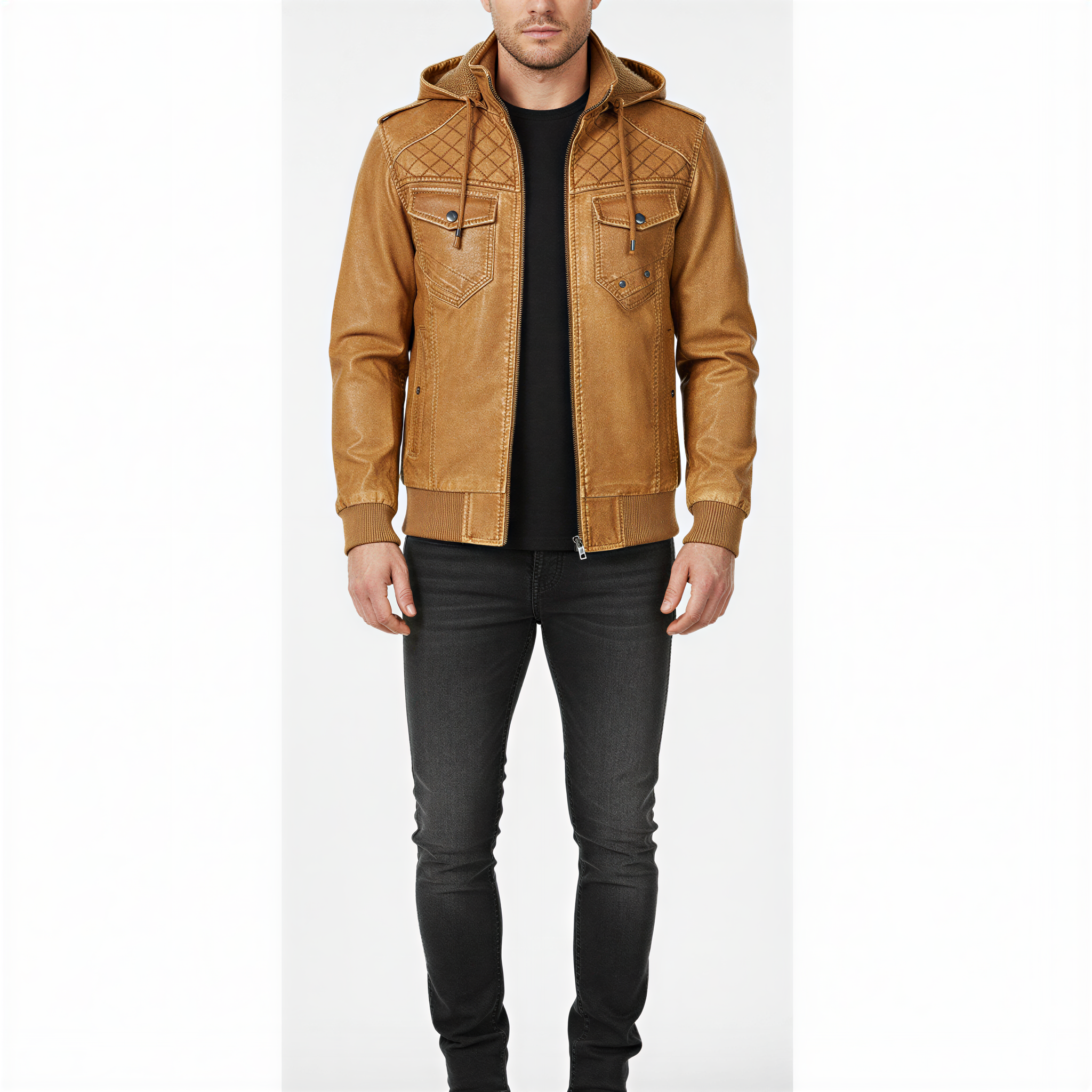 James Giacca Biker con Cappuccio | Ecopelle Invecchiata | Uomo