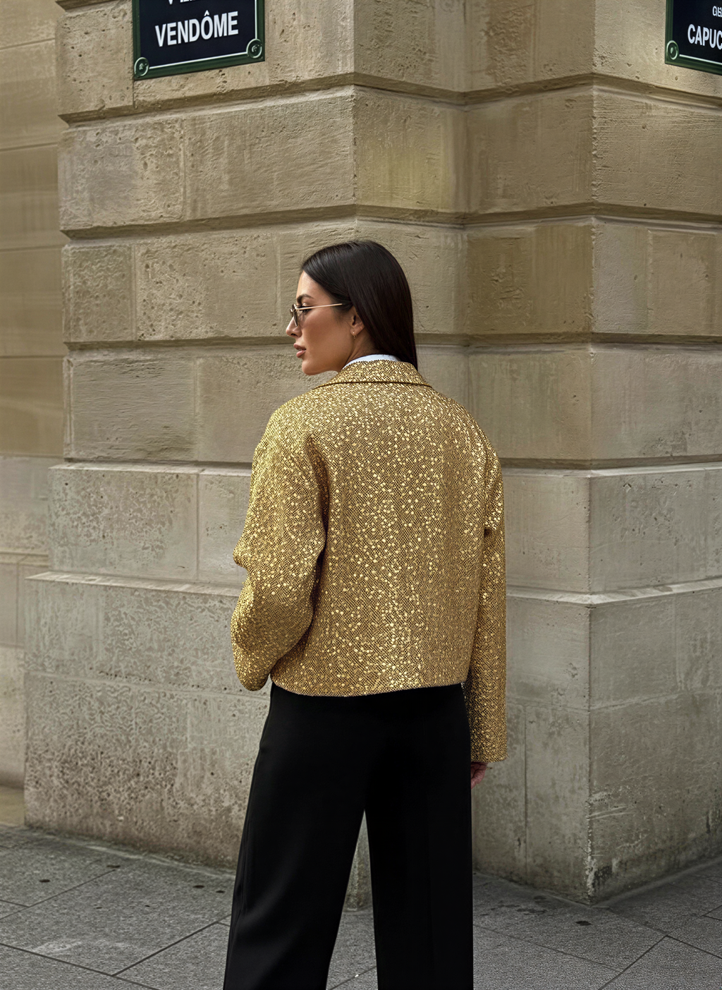 Giacca Tweed Oro Scintillante | Eleganza Notturna