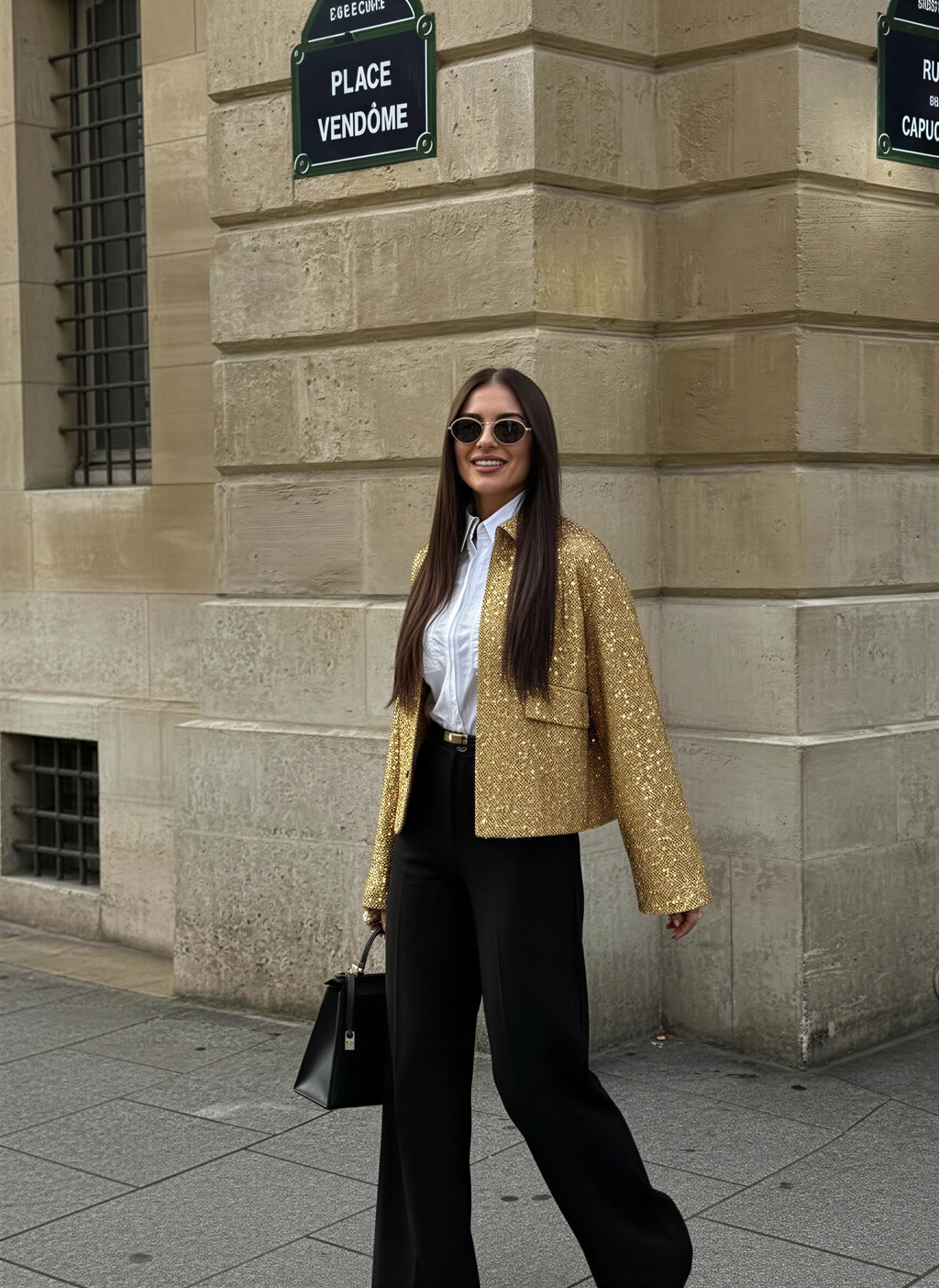 Giacca Tweed Oro Scintillante | Eleganza Notturna