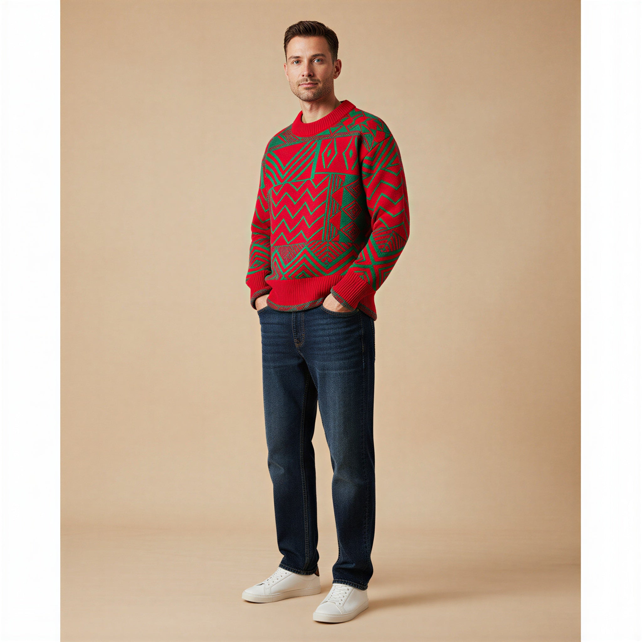 Maglione Geometrico in Maglia Jacquard Stile Moderno