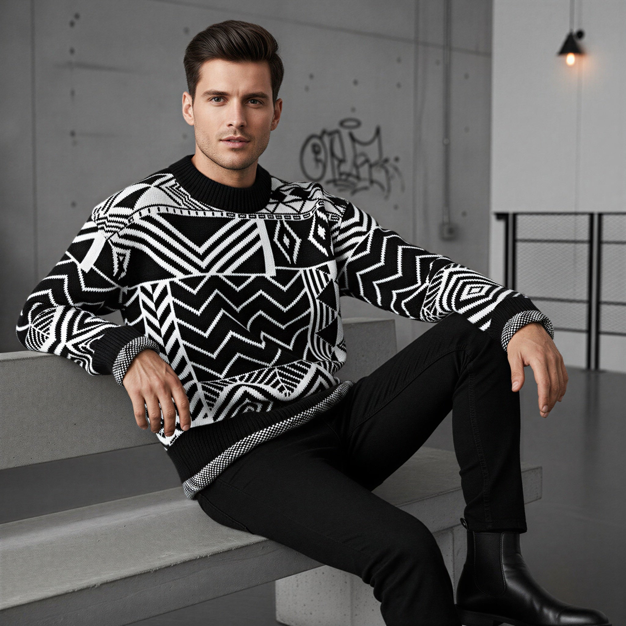 Maglione Geometrico in Maglia Jacquard Stile Moderno