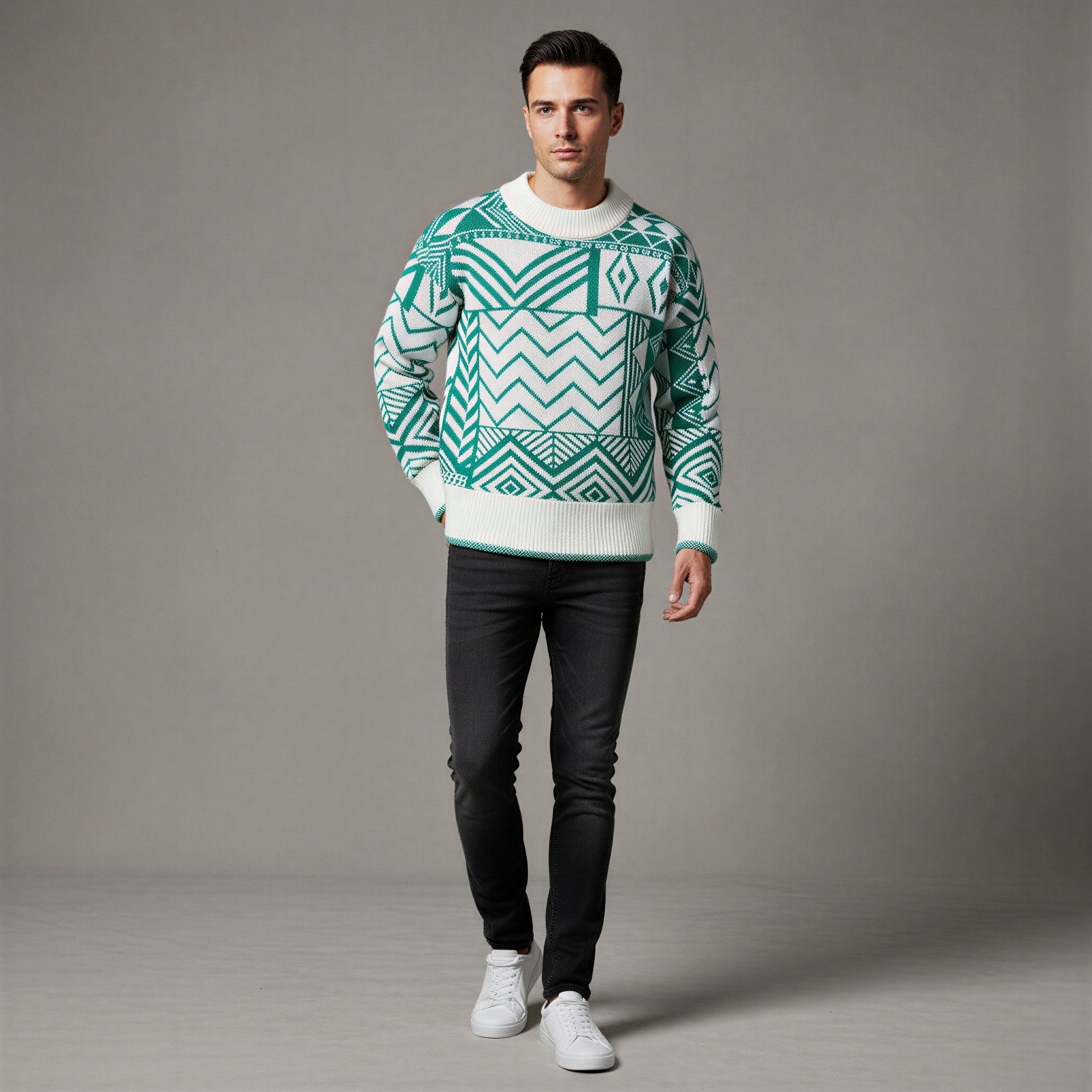 Maglione Geometrico in Maglia Jacquard Stile Moderno