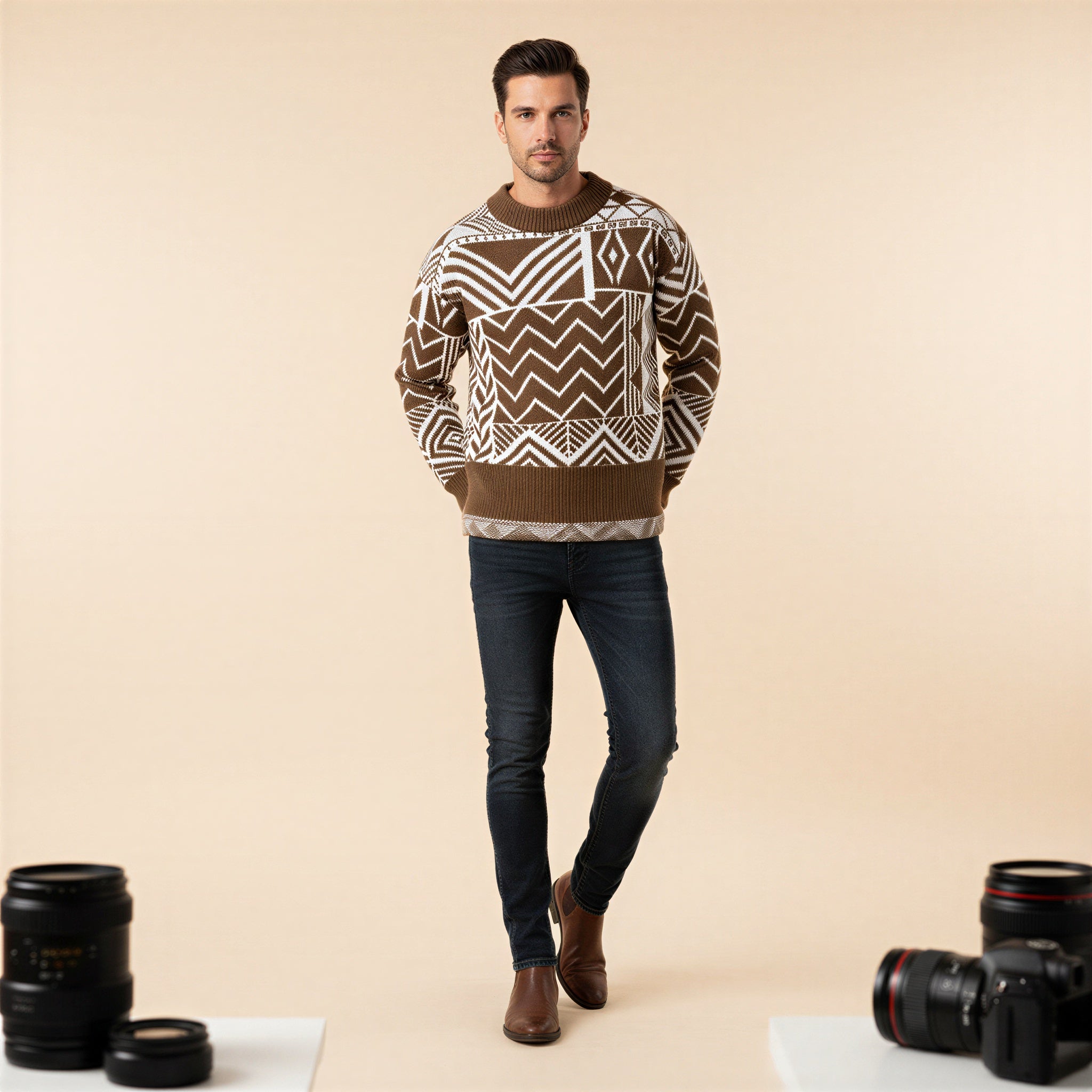 Maglione Geometrico in Maglia Jacquard Stile Moderno