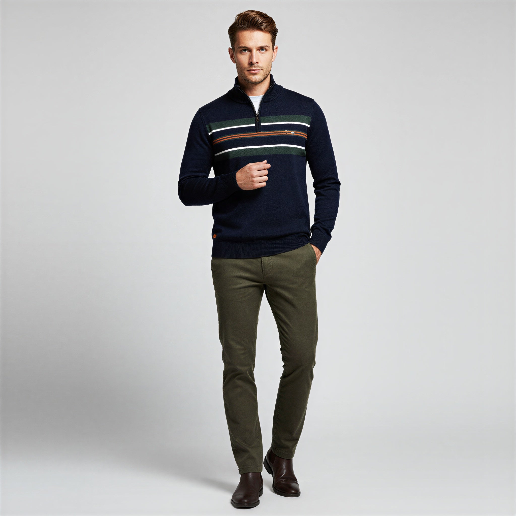 Maglione Uomo a Righe Mezza Zip in Maglia Elegante