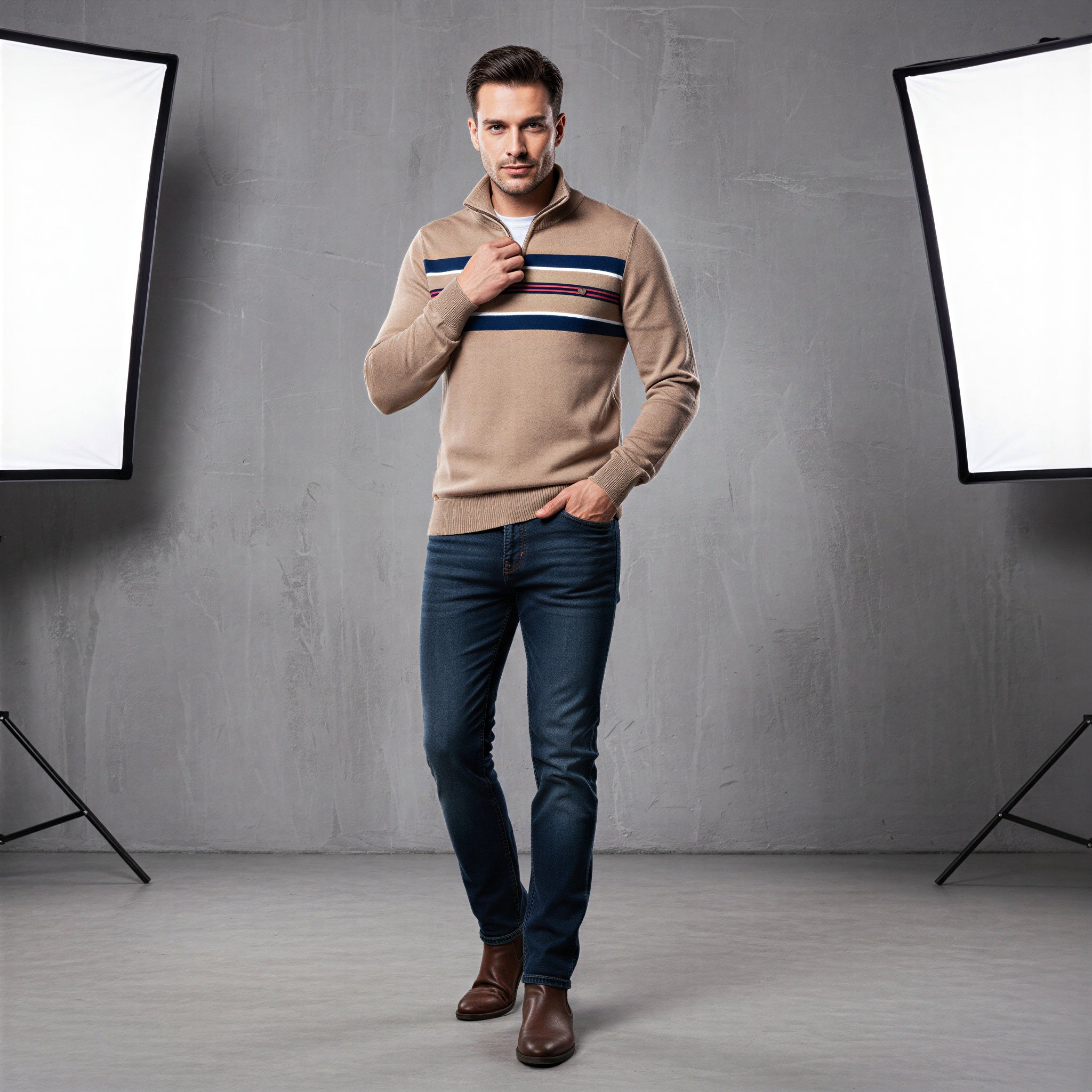 Maglione Uomo a Righe Mezza Zip in Maglia Elegante