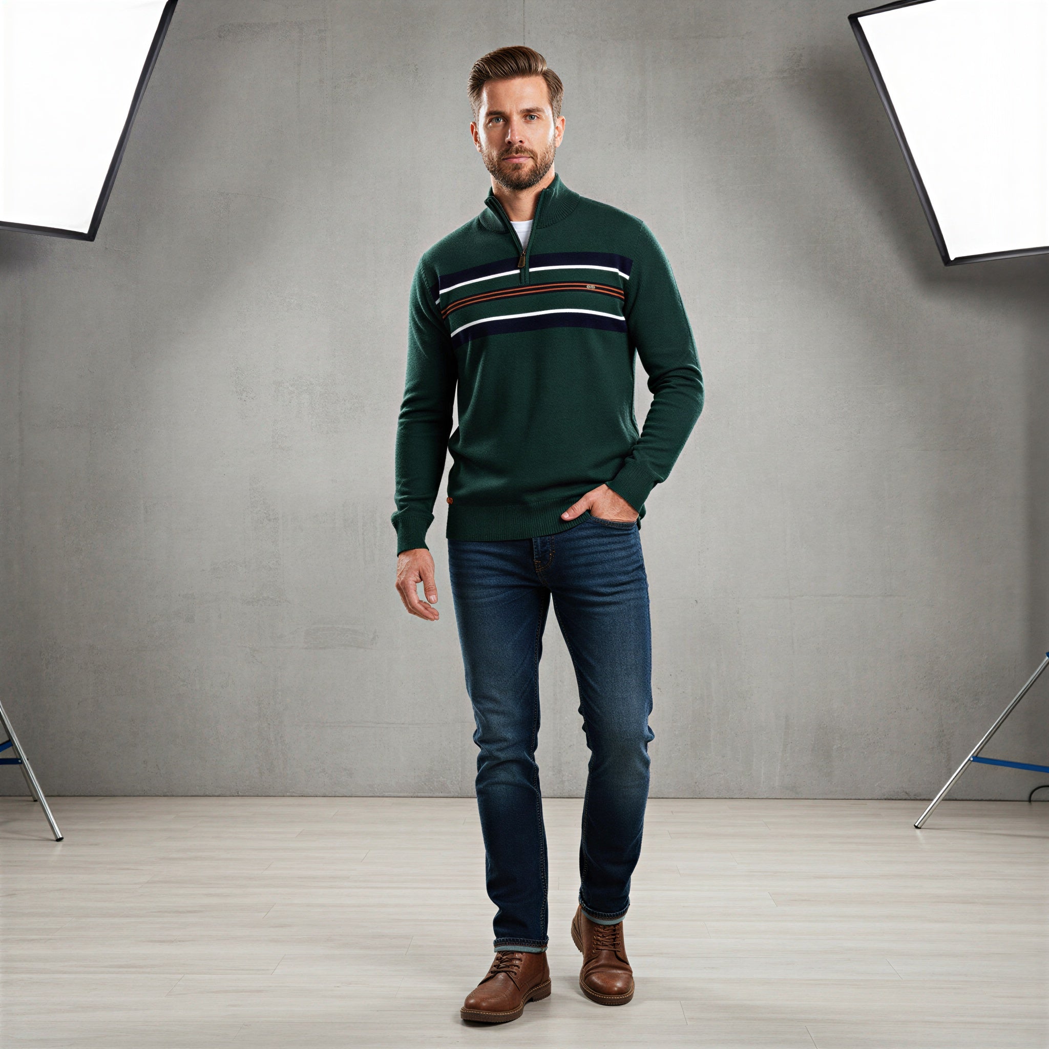 Maglione Uomo a Righe Mezza Zip in Maglia Elegante