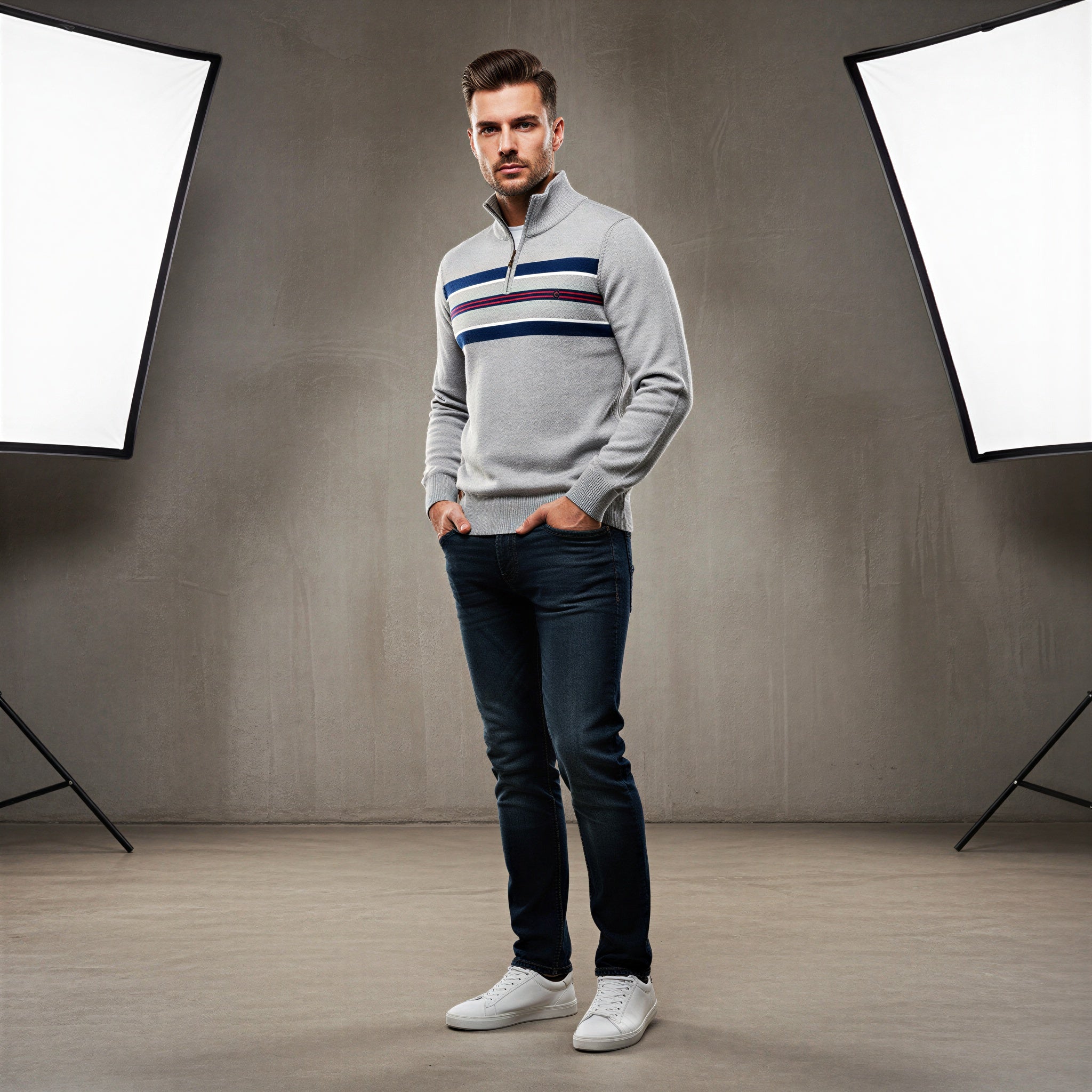 Maglione Uomo a Righe Mezza Zip in Maglia Elegante