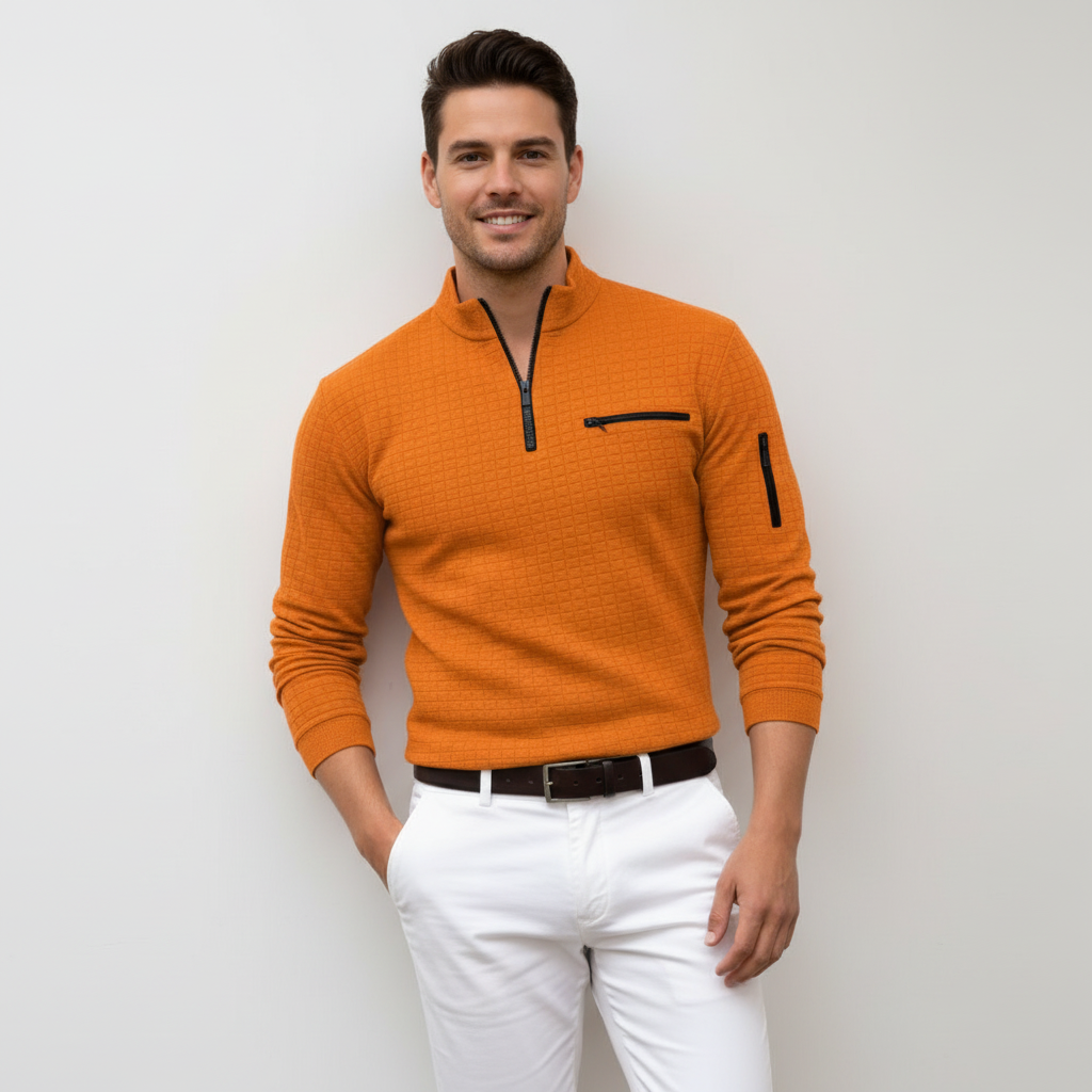 Maglione Zip-Collo con Tessuto a Quadretti Elegante