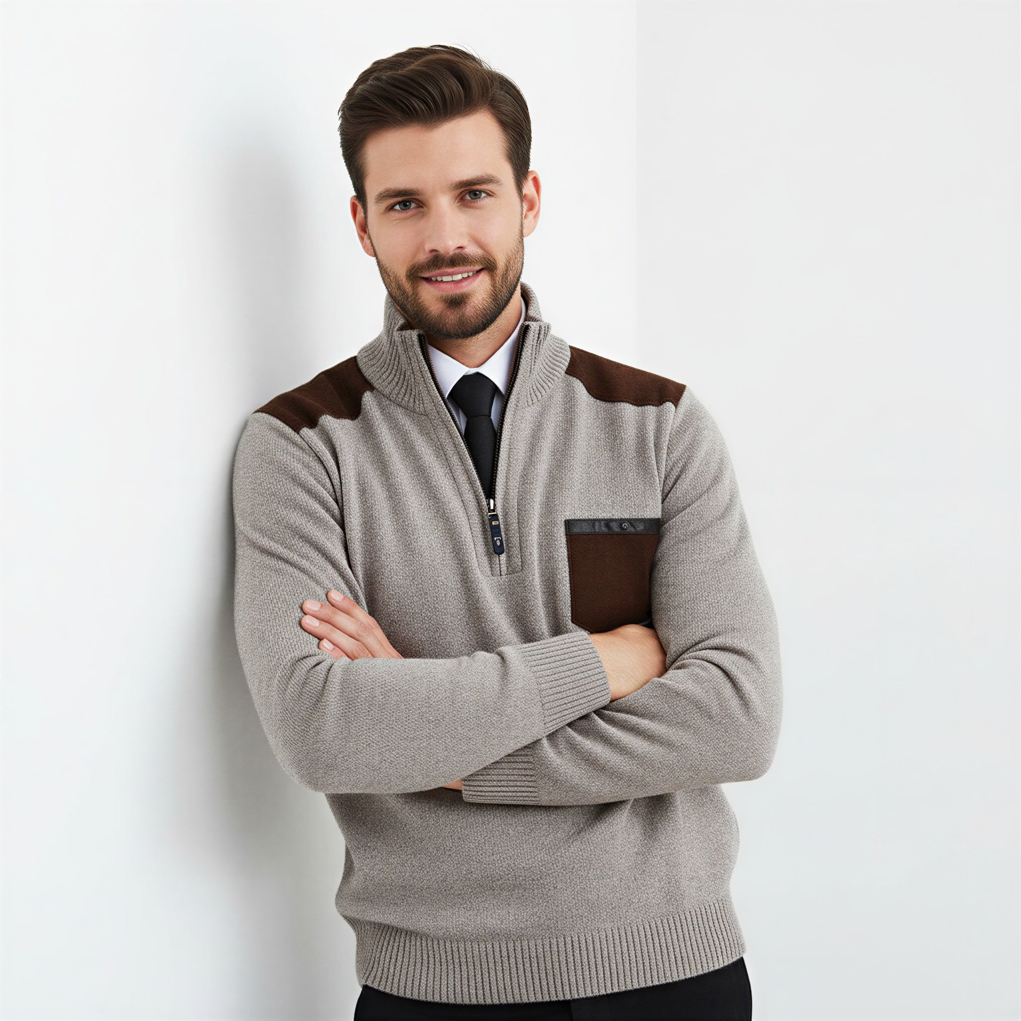 Maglione Uomo Zip Corta | Stile Casual con Dettagli Ecopelle | Tutto l'Anno