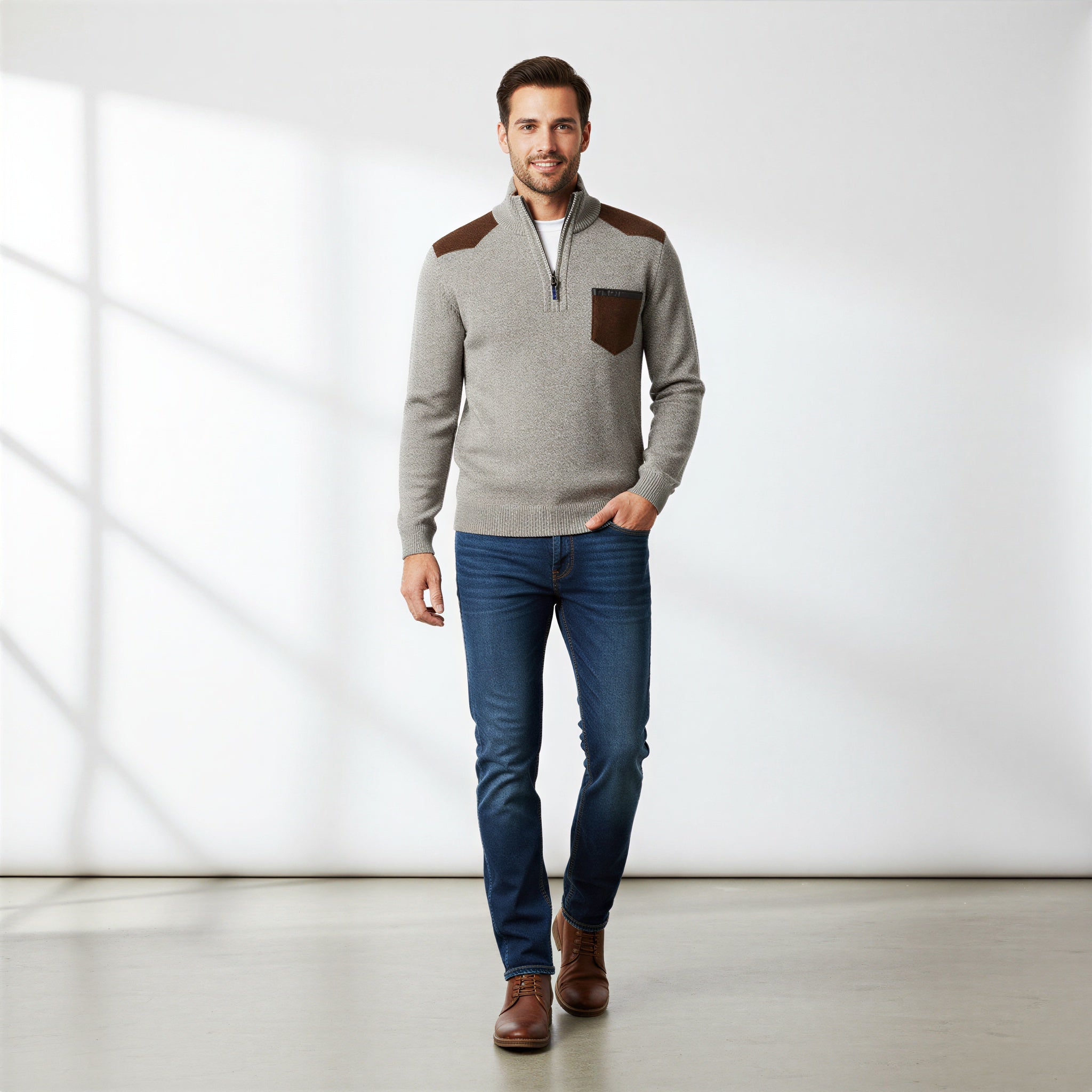 Maglione Uomo Zip Corta | Stile Casual con Dettagli Ecopelle | Tutto l'Anno