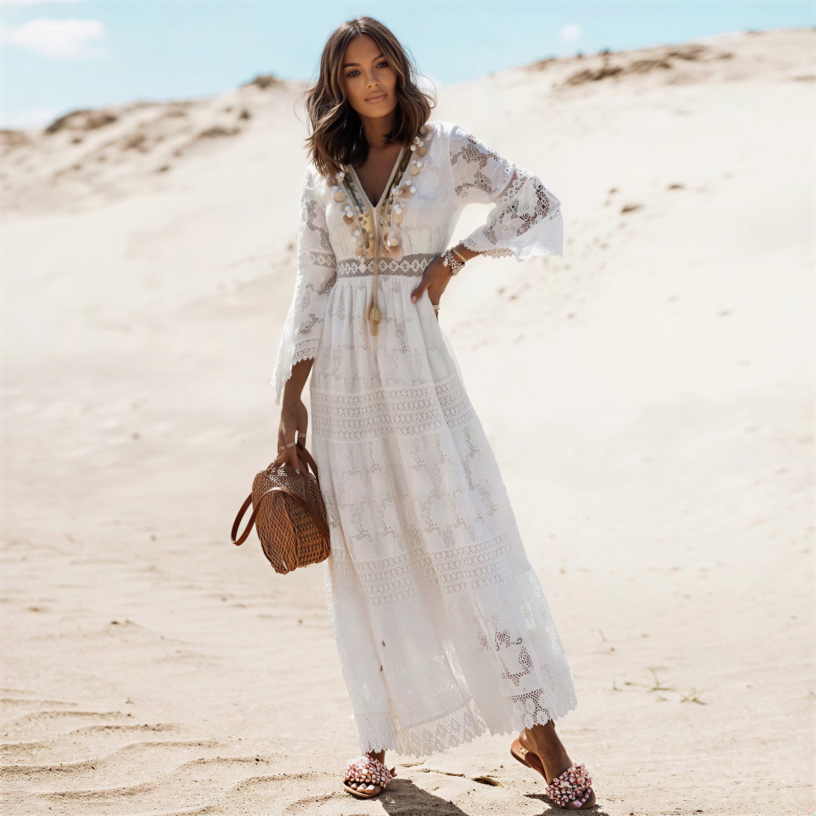 Abito Maxi | Boho Dettagli in pizzo con conchiglie e perline | Estate
