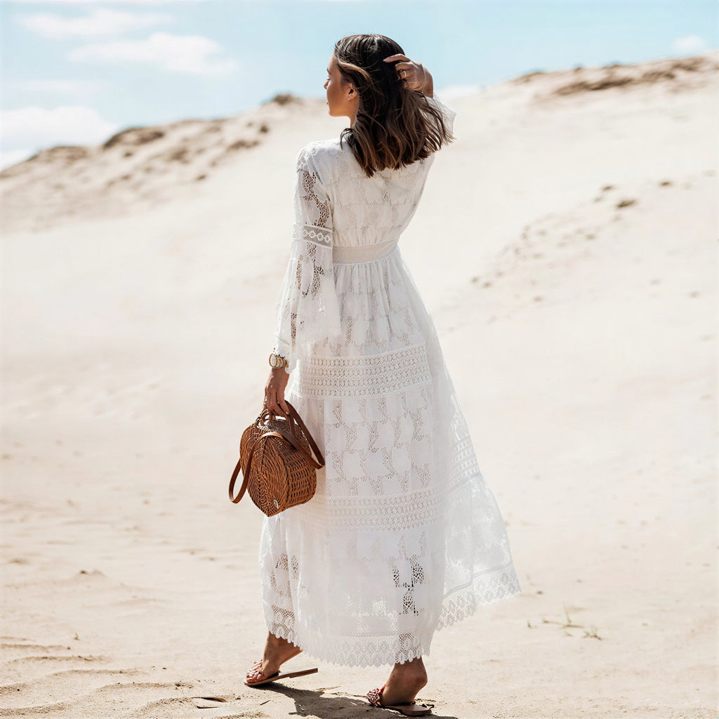 Abito Maxi | Boho Dettagli in pizzo con conchiglie e perline | Estate