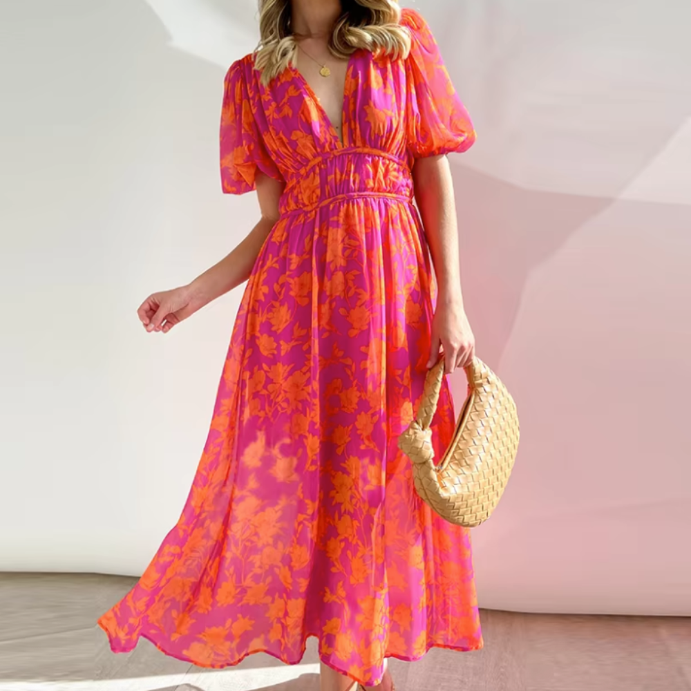Abito Maxi Floreale – Scollo a V Maniche Corte