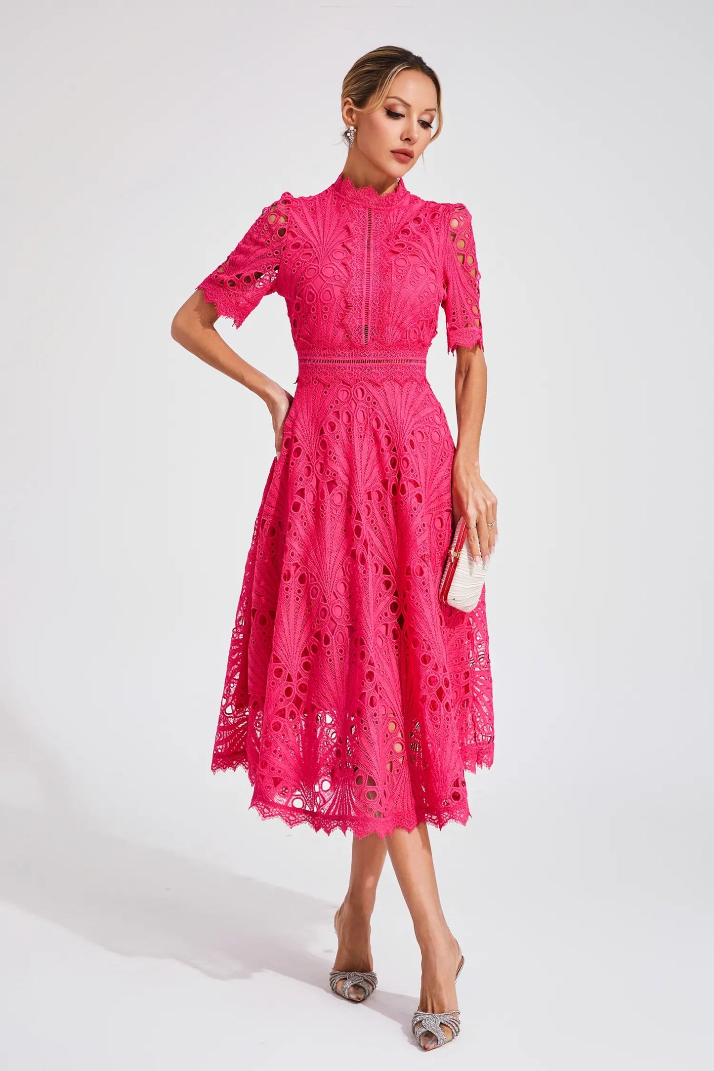 Abito Midi Donna in Pizzo – Scollo Alto, Dettaglio Cut-Out, Maniche Corte-83326-1bc446d9-2944-4303-9182-02a4e2675f37