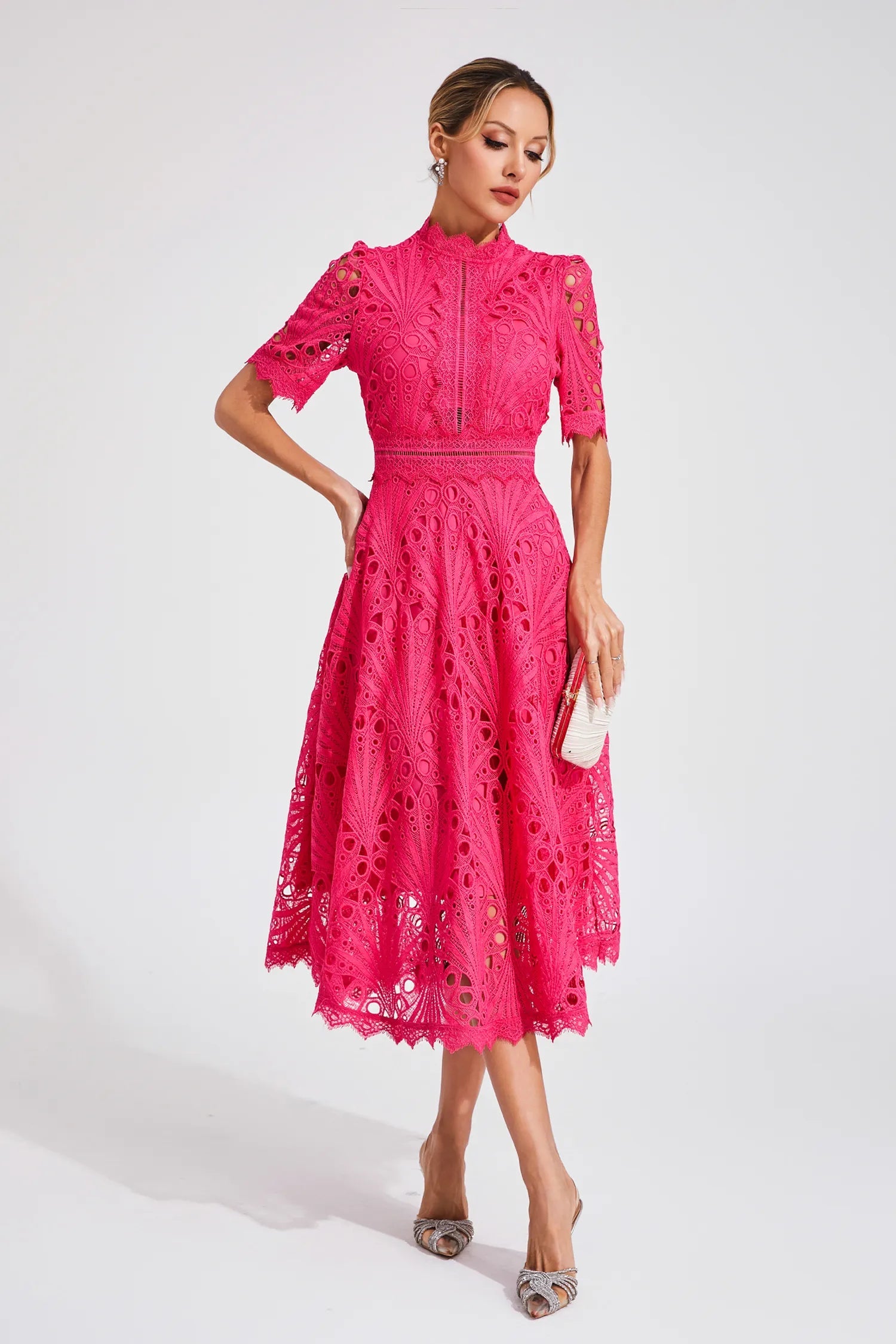 Abito Midi Donna in Pizzo – Scollo Alto, Dettaglio Cut-Out, Maniche Corte-83326-1bc446d9-2944-4303-9182-02a4e2675f37