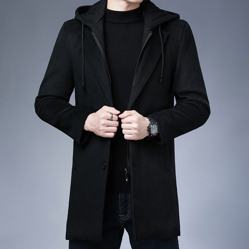 Mens Detachable Hooded Woolen Winter Coat Jacket Mid-Length Single Breasted by http://Lolyshop.shop