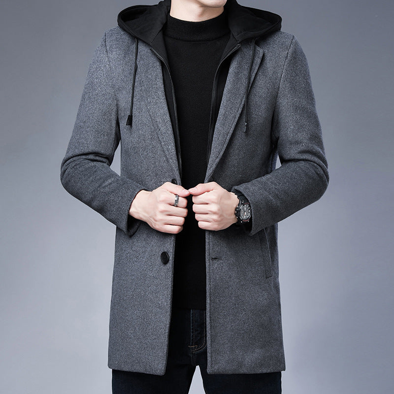 Mens Detachable Hooded Woolen Winter Coat Jacket Mid-Length Single Breasted by http://Lolyshop.shop